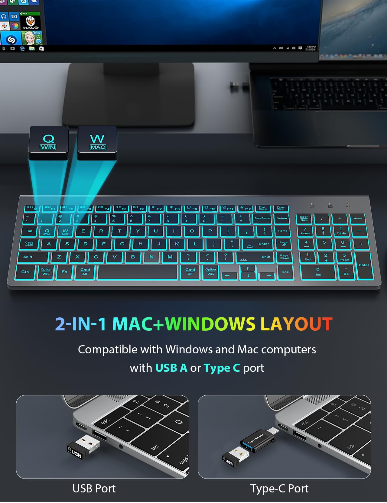 SABLUTE Wireless Keyboard and Mouse Combo with RGB Backlit - Rechargeable Slim Quiet Keyboard & Mouse Set for Mac Windows PC Laptop - Portable Cordless for Office Gaming Home (Space Gray)