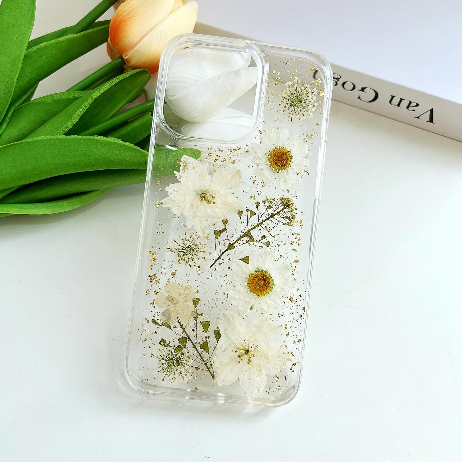 Premium Clear iPhone 15 Pro Max Case with Pressed Real Flowers & Glitter - Slim Soft TPU Protective Cover with Elegant White Floral Design for Women | Perfect for Everyday Use, Gift Giving & Fashion Accessories