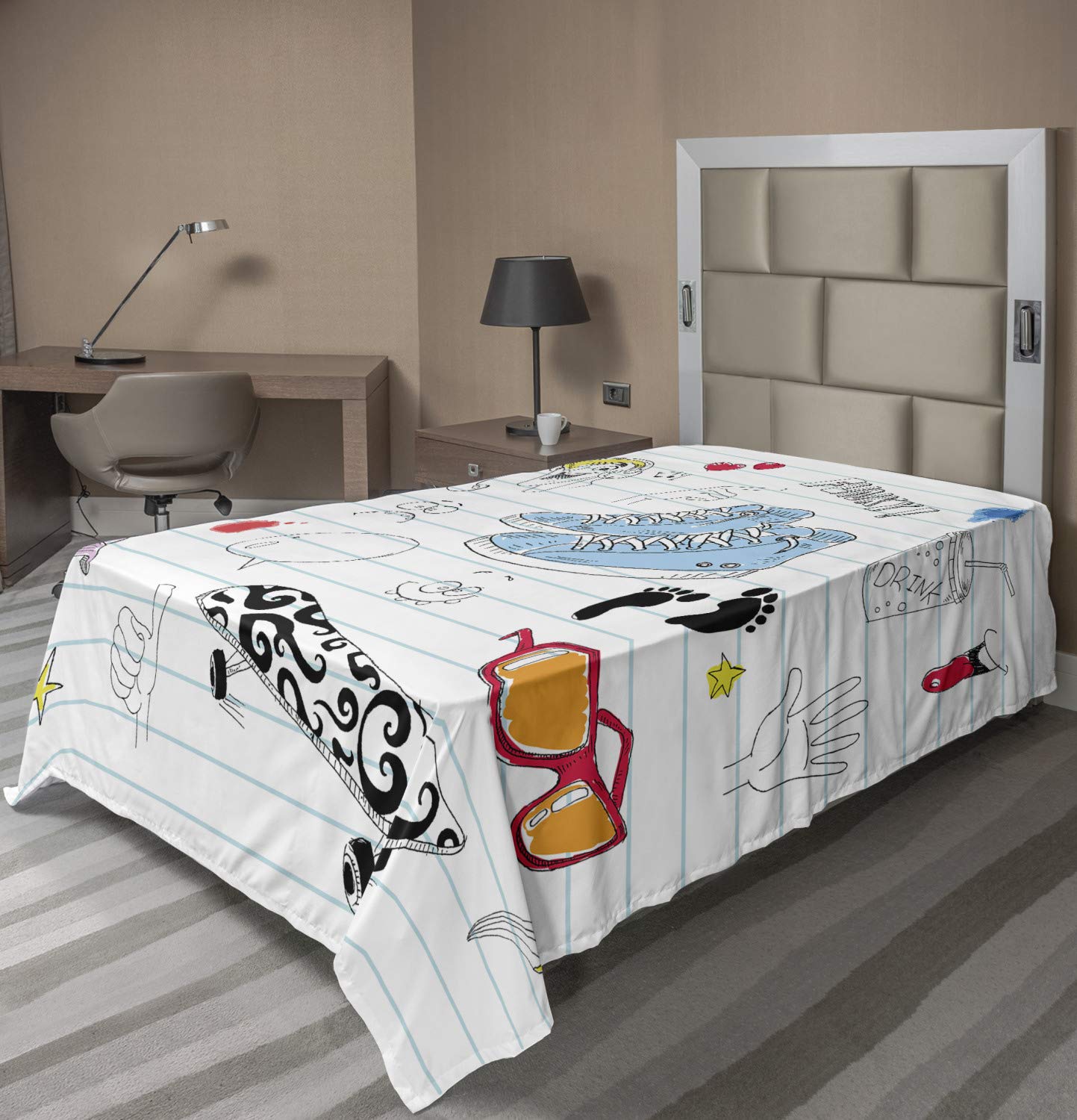 Ambesonne Hipster Twin Size Flat Sheet - Funky Notebook Design with Skateboard & Shooting Star Prints | Soft, Comfortable Decorative Top Bedding Sheet (1 Piece, Black Pale Blue Ginger) | Perfect for Teen Rooms, Dorm Decor & Unique Gift Ideas