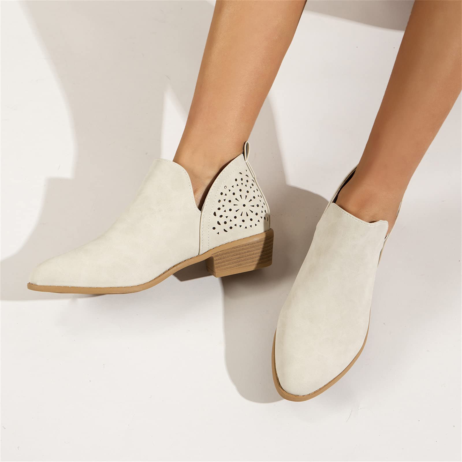 Lausiuoe Women's Ankle Booties - Low Heel Cutout Block Heel Slip-On Fashion Boots for Casual & Dressy Outfits | Perfect for Office, Date Night & Fall/Winter Style