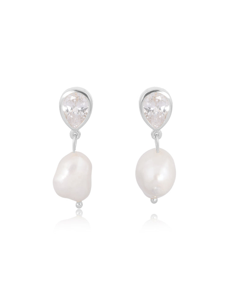 Elegant Wedding Earrings - Bezel Set Pear Crystal & Pearl Dangle Earrings by Lola Knight Oceane Collection | Perfect for Bridal, Prom & Formal Occasions