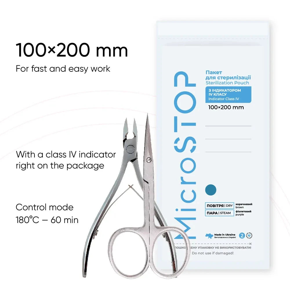 MicroStop Dry Heat Sterilization Pouches with Class 4 Indicator 100x200mm (100 Pack) - Medical Dental Tools Sterilization for Clinics & Hospitals