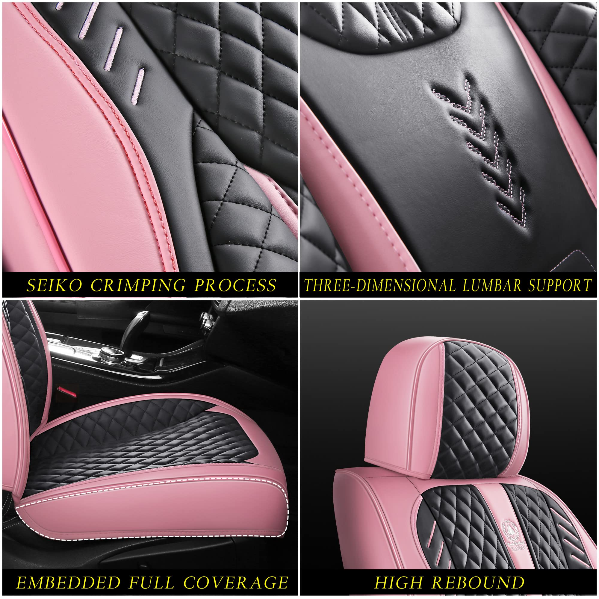 Premium INZU Universal 5-Seat Car Seat Covers Set - Synthetic Leather, Airbag Compatible for Most Cars & SUVs (Black/Pink) - Perfect for Family Road Trips, Daily Commutes & Pet Protection