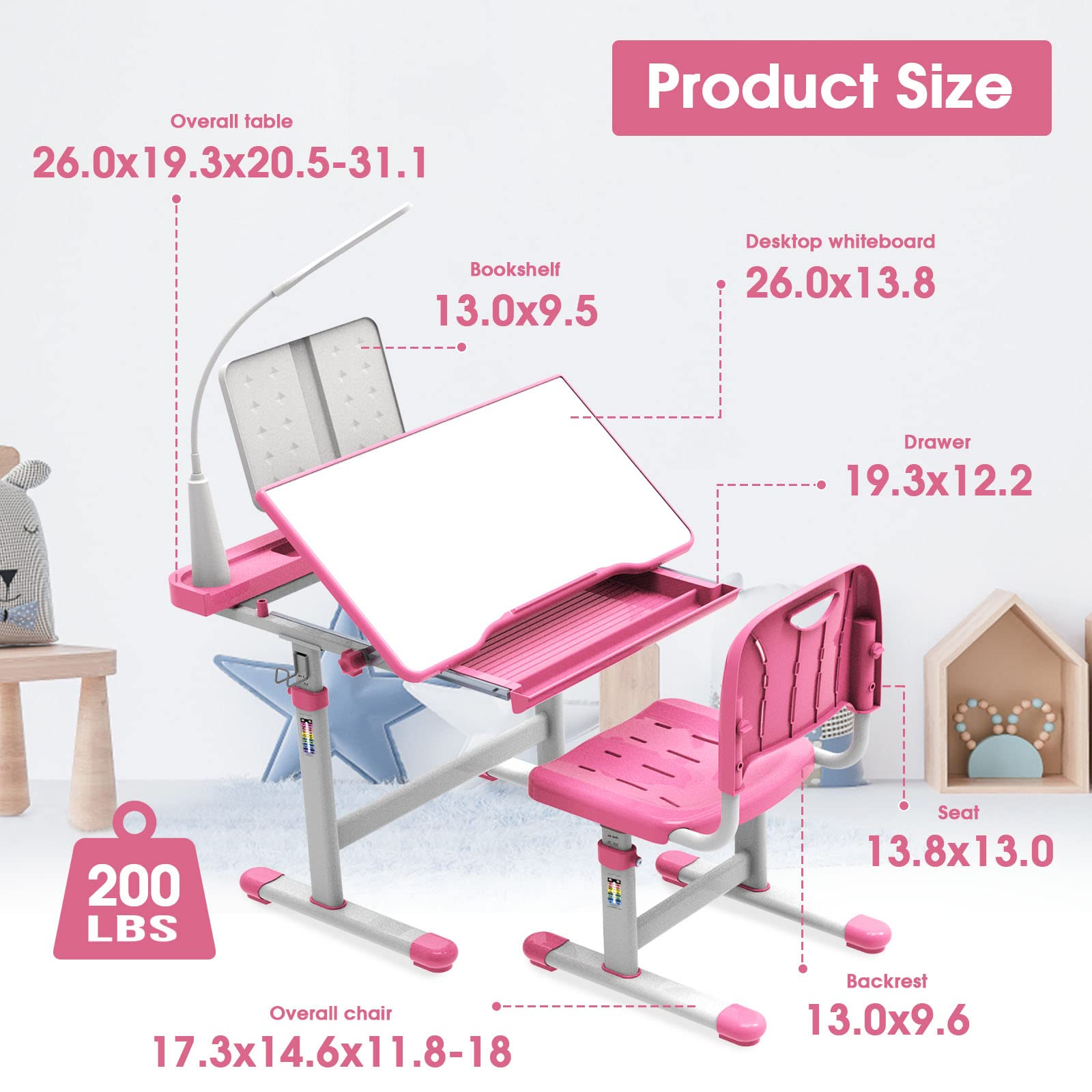 BELANITAS Kids Study Desk and Chair Set - Adjustable 40° Tilt Desktop with LED Light, Ergonomic Children's Writing Table for Ages 5-8 (Pink) - Perfect for Homeschooling, Online Learning & Birthday Gifts