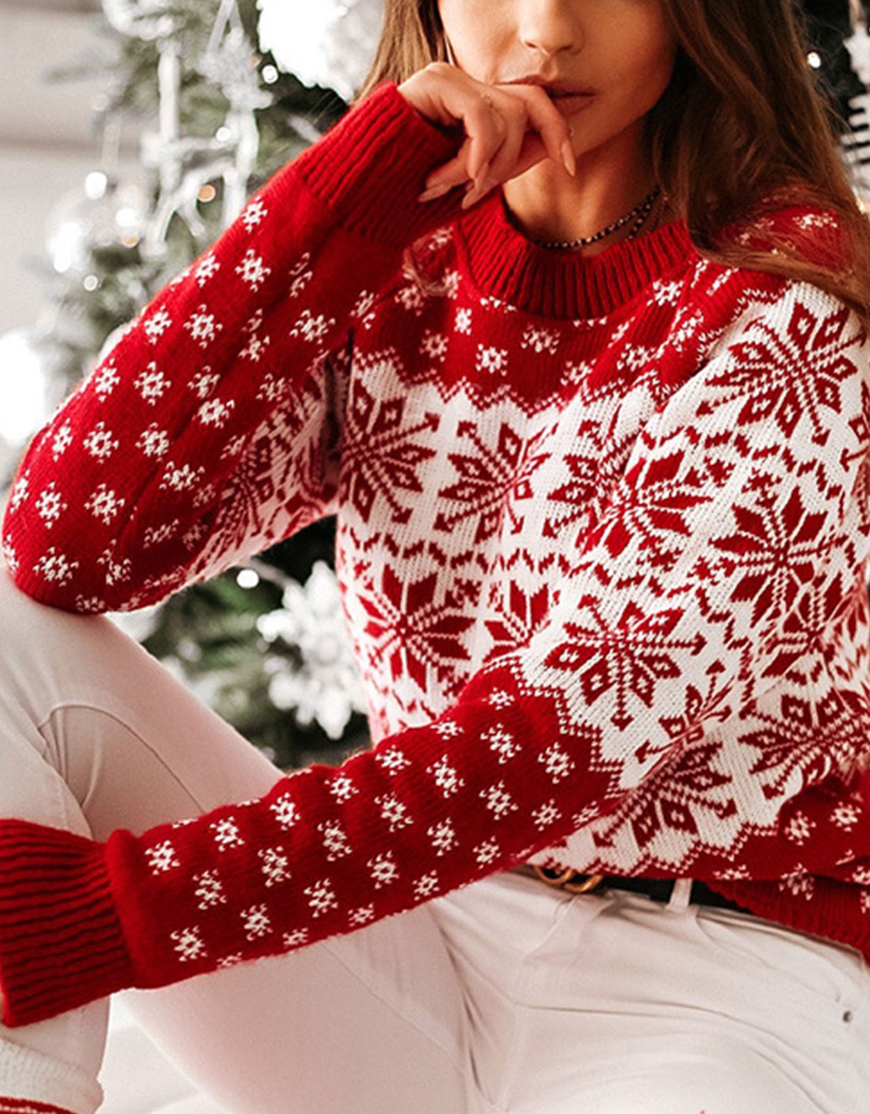 Snowflake Knit Sweater Women's Round Neck Winter Pullover - Cozy Christmas Holiday & Casual Outfit for Cold Weather