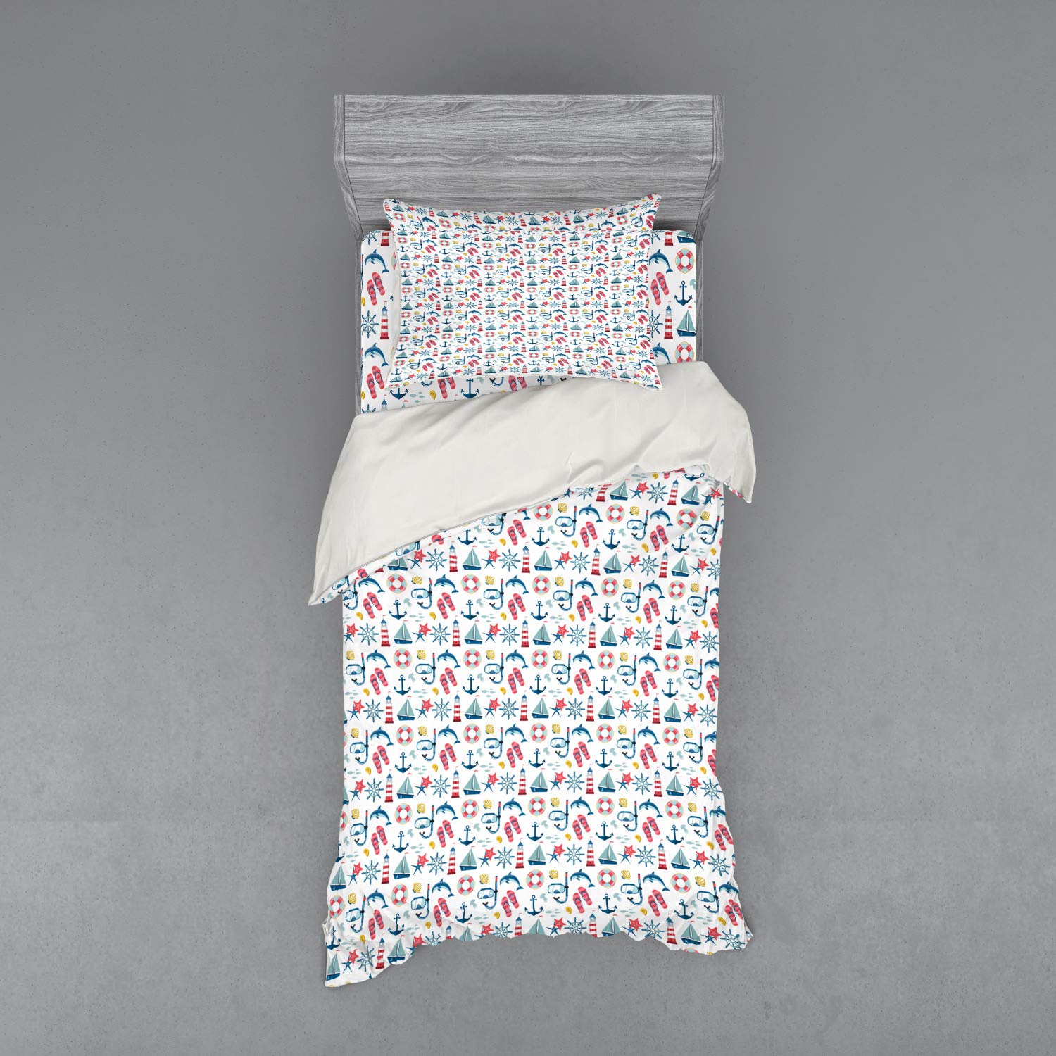 Ambesonne Nautical 3-Piece Twin XL Bedding Set - Marine Themed Duvet Cover with Anchor, Wheel, Sailboats, Starfish & Lighthouse Design - Perfect for Coastal, Beach House or Nautical Nursery Decor
