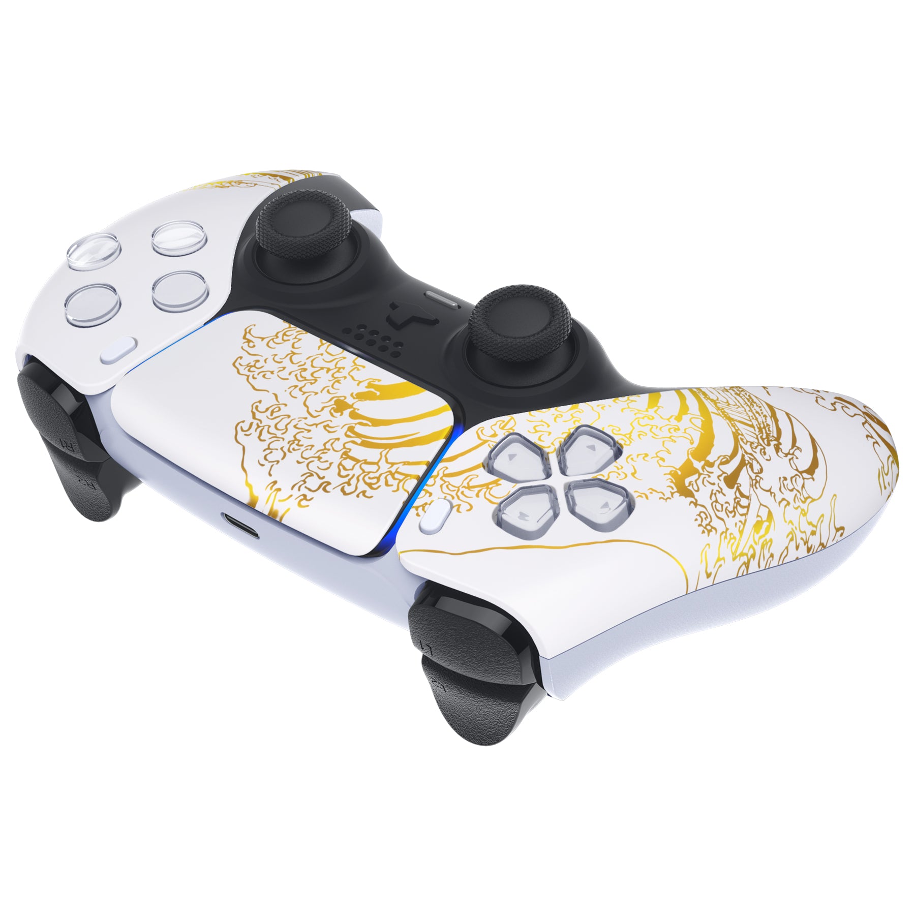 eXtremeRate PS5 Controller Front Housing Shell Replacement - Compatible with BDM 010/020/030/040/050, Golden Wave Off Kanagawa Design, White - DIY Customization for Enhanced Gaming Experience