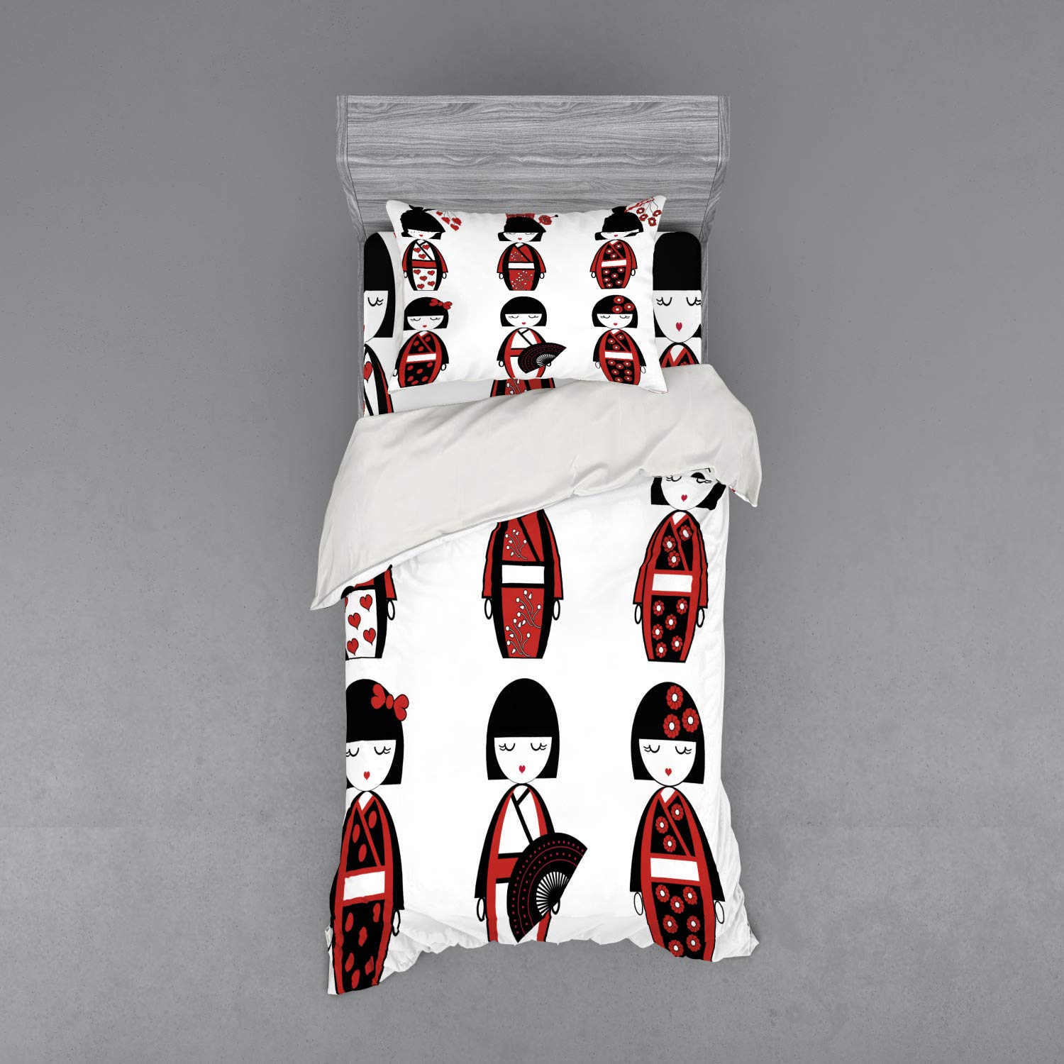 Ambesonne Ethnic Bedding Set - Japanese Geisha Dolls Folk Art Duvet Cover with Sham & Fitted Sheet, 3-Piece Twin Size in Black & Red | Perfect for Asian-Themed Bedrooms, Cultural Decor & Unique Gift Ideas