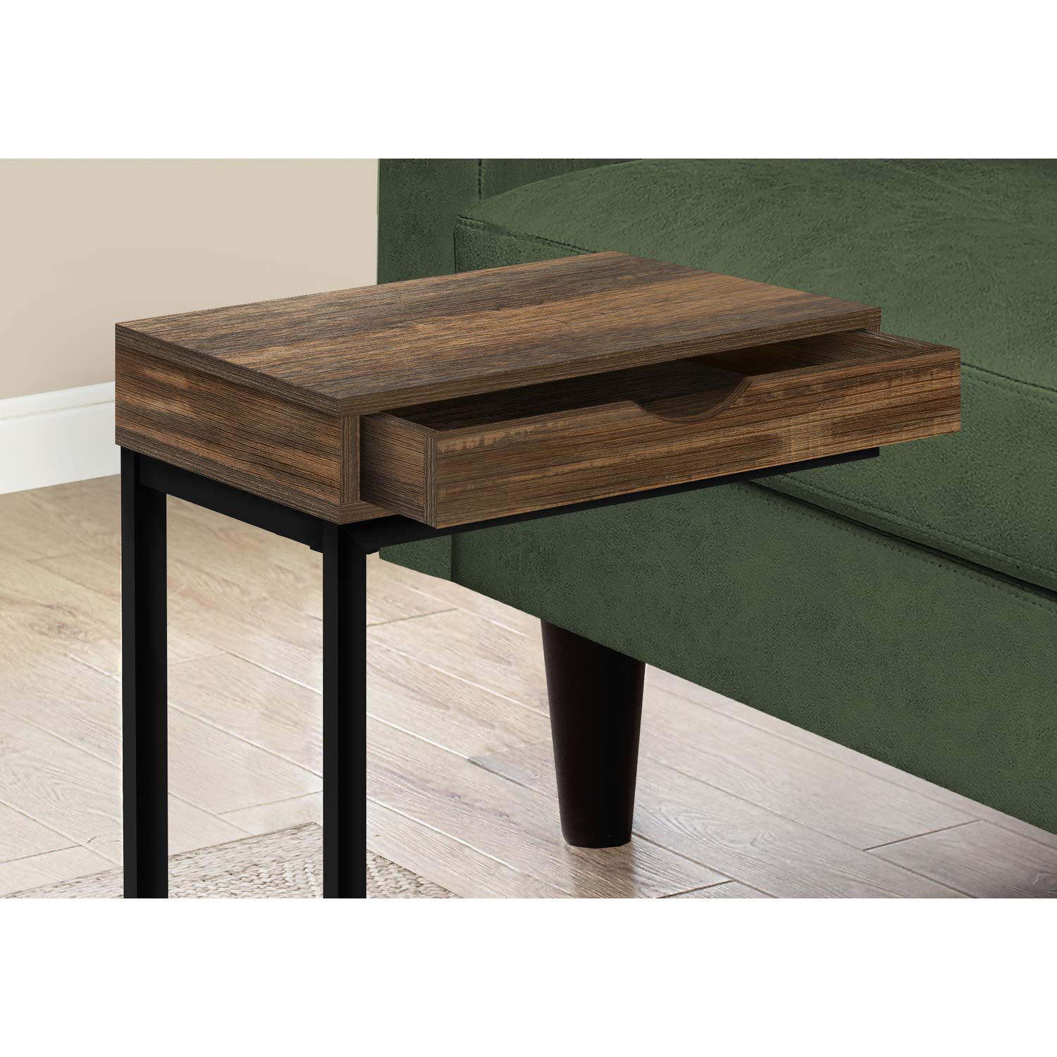 Monarch Specialties I 3602 C-Shaped Accent Table with Storage Drawer - Modern End Table/Side Table for Living Room & Bedroom - Brown & Black Metal Laminate Contemporary Design - Perfect for Snacks, Books & Home Decor Storage