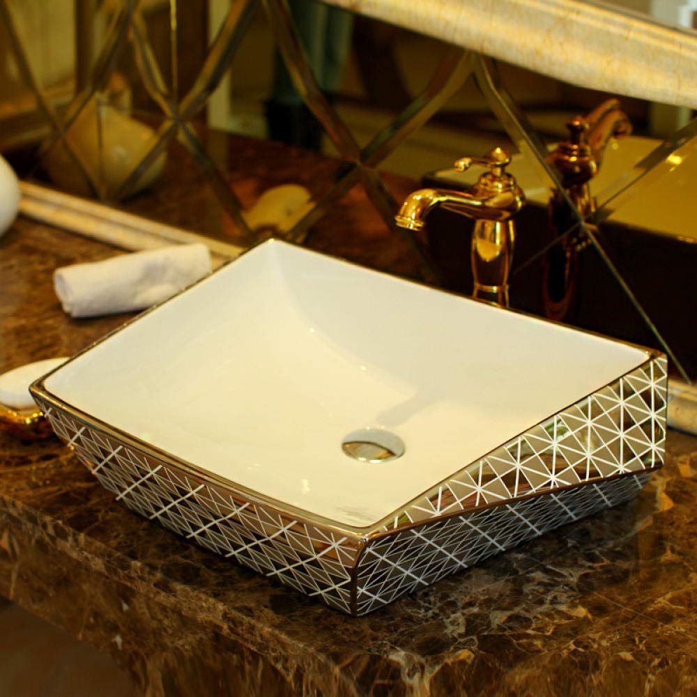 ROLTIN Gold/Silver Inlaid Ceramic Countertop Basin - Modern Glass Bathroom Sink for Vanity, Powder Room & Guest Bathroom - Perfect for Contemporary Home Decor
