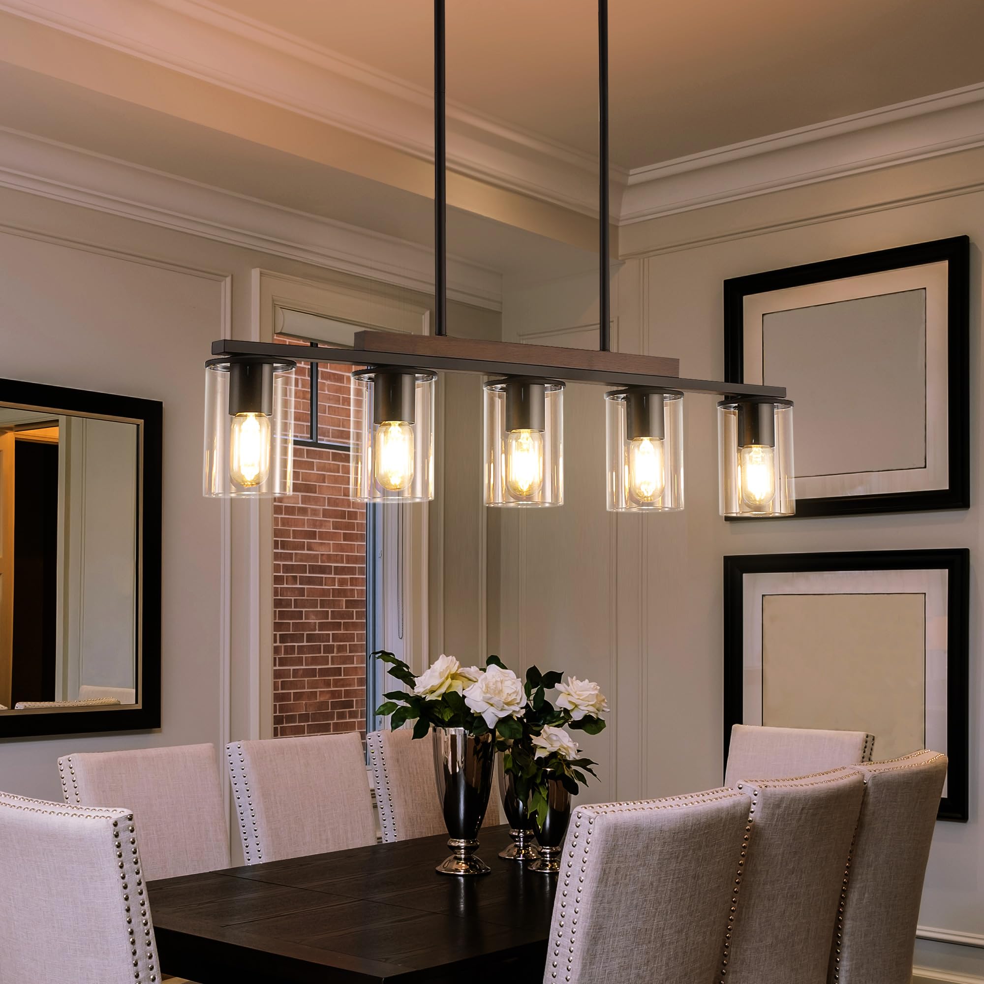 Farmhouse Style Black Wood Linear Chandelier - 5-Light Pendant Lighting for Dining Room & Kitchen Island | Perfect for Rustic Home Decor & Modern Farmhouse Interiors