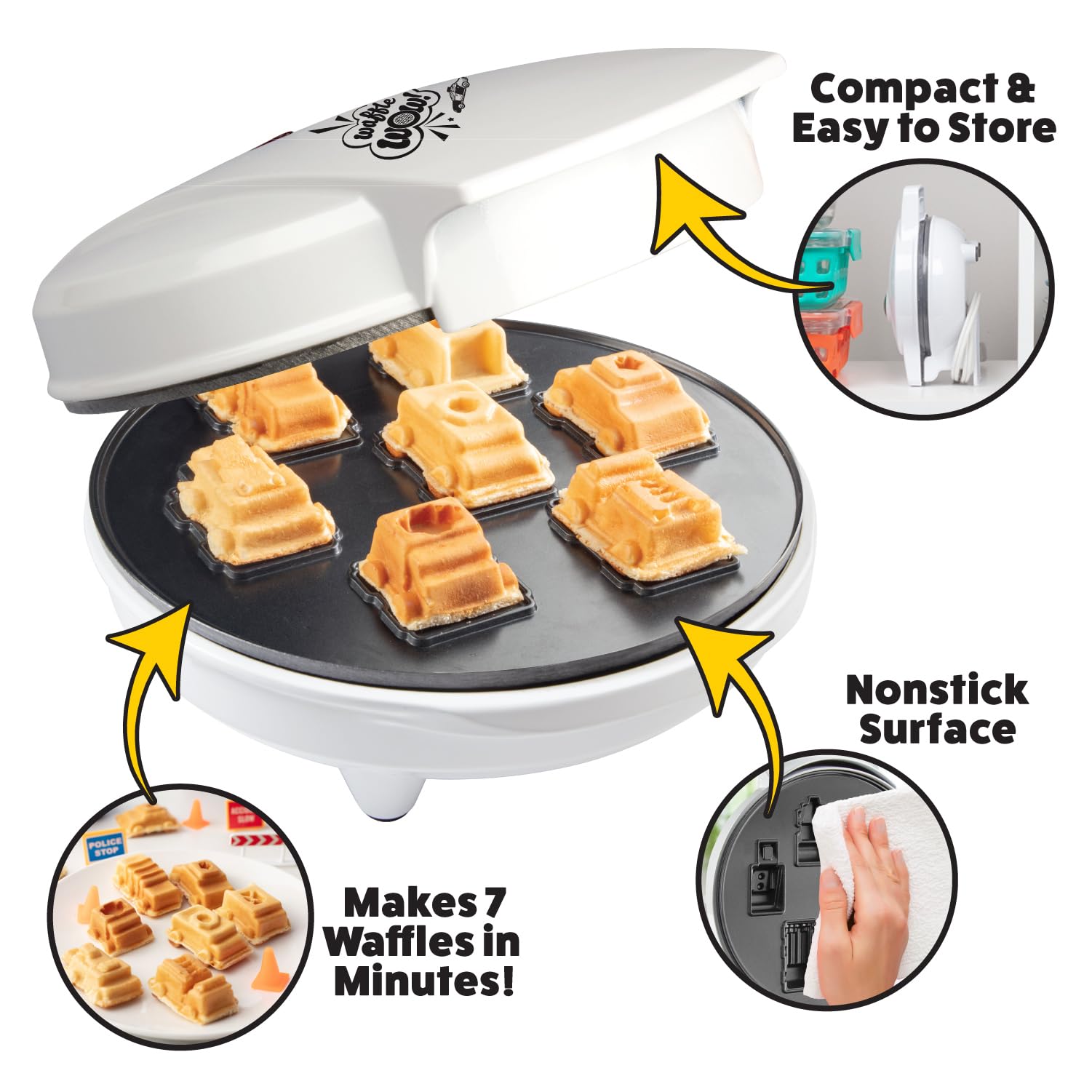 Mini Waffle Maker for Cars & Trucks - Create 7 Fun Vehicle-Shaped Pancakes (Police Car, Fire Truck, Construction Truck) - Electric Non-Stick Iron with Free Recipe Guide - Perfect Kids Gift for Birthday Parties & Family Breakfast Fun