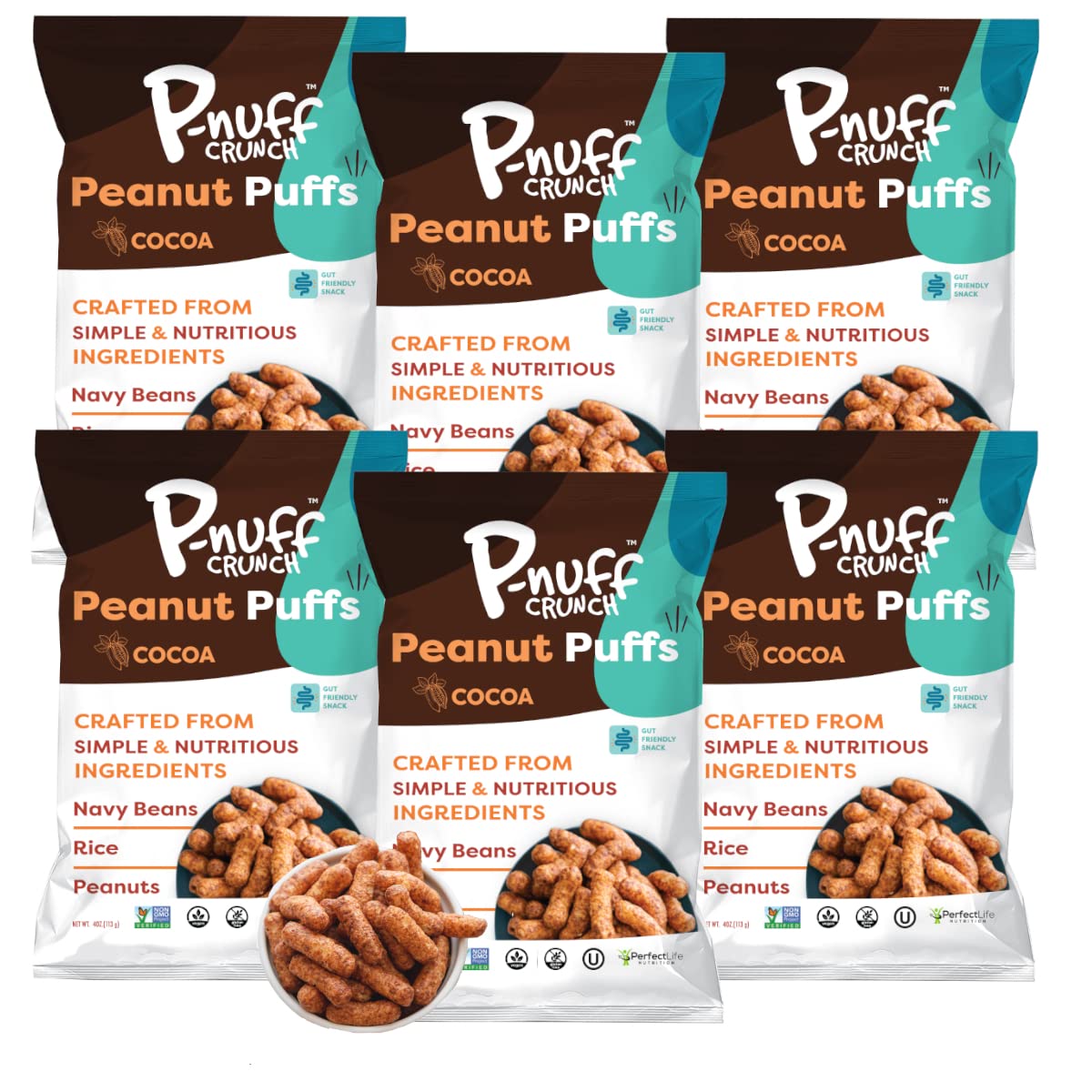 Pnuff Crunch Peanut Butter Puffs - Healthy Low Calorie Gluten Free Vegan High Protein Keto Snacks - Low Sugar Cocoa Flavor - 4 Oz Bag (Pack of 6) - Perfect for Office, Gym & On-the-Go Snacking