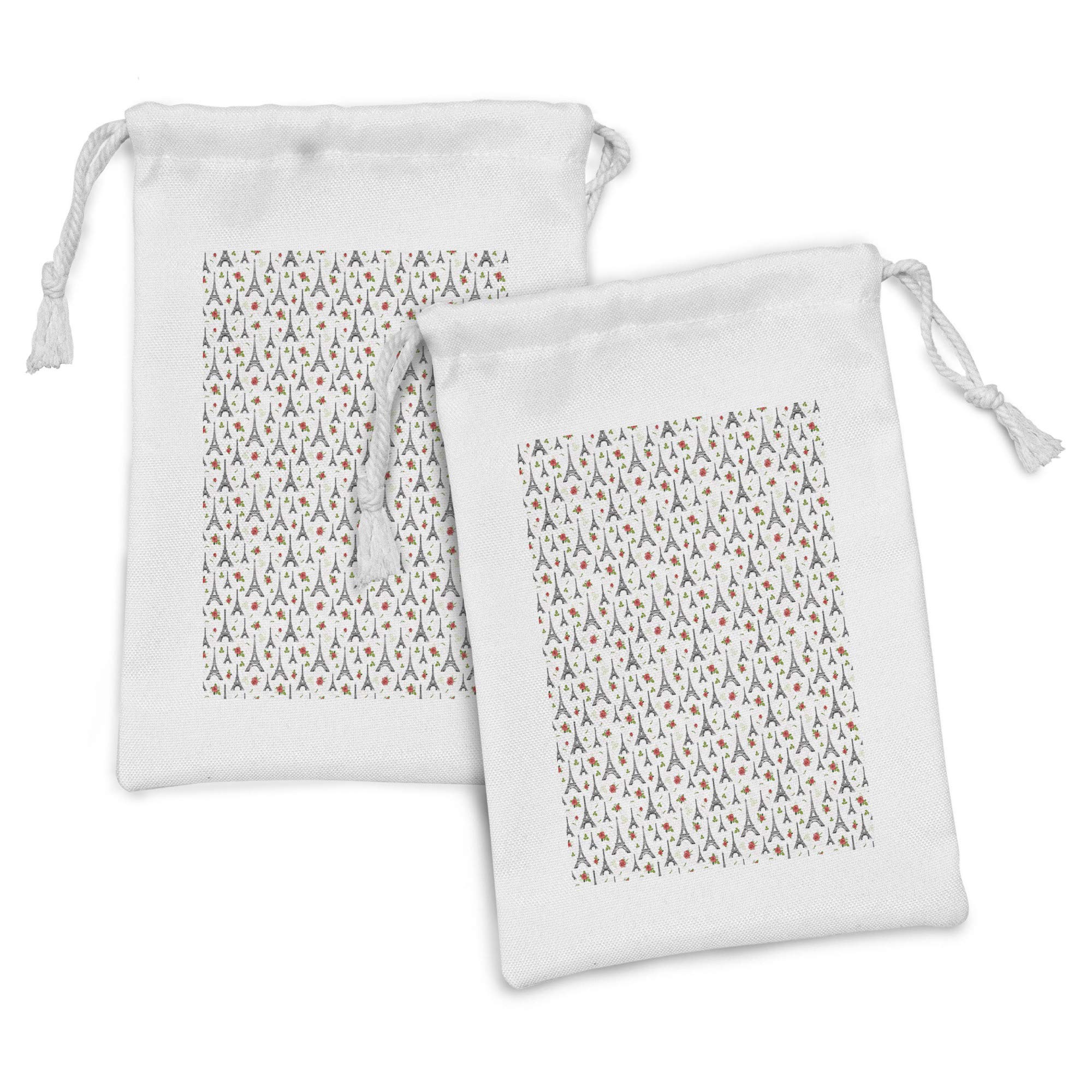 Ambesonne Paris Themed Fabric Pouch Set of 2 - Eiffel Tower & Rose Floral Drawstring Bags for Travel, Toiletries, Makeup & Party Favors (9
