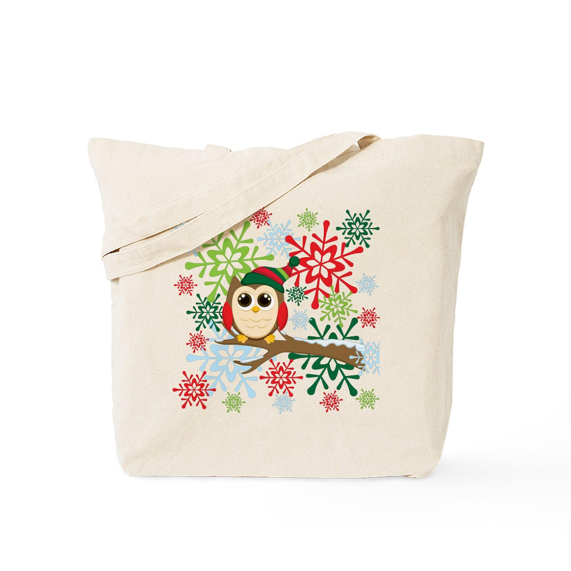 Christmas Owl Tote Bag - Natural Canvas Reusable Shopping Bag for Holiday Gifts, Groceries & Eco-Friendly Lifestyle