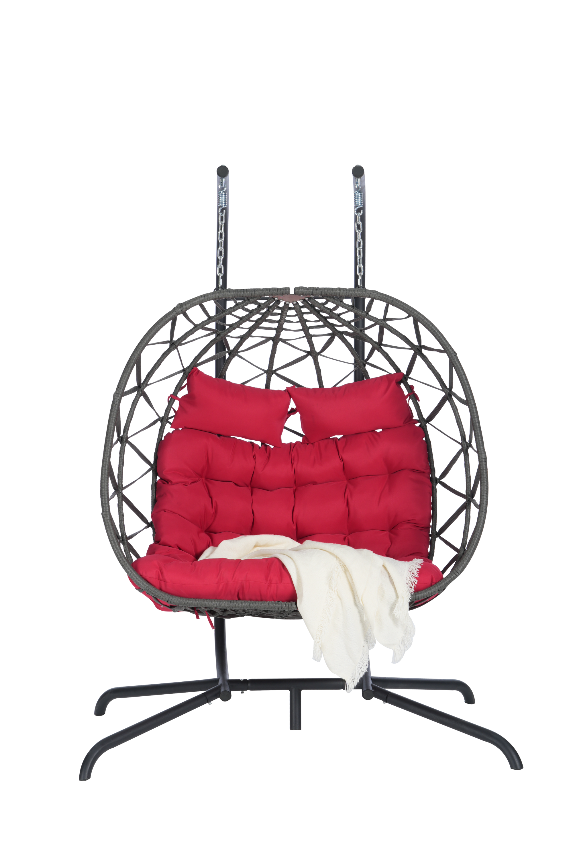 Double Egg Chair with Stand - Indoor/Outdoor Wicker Rattan Swing Chair with UV-Resistant Cushions (600 lbs Capacity) - Perfect for Bedroom, Balcony, Patio, Garden & Backyard Relaxation