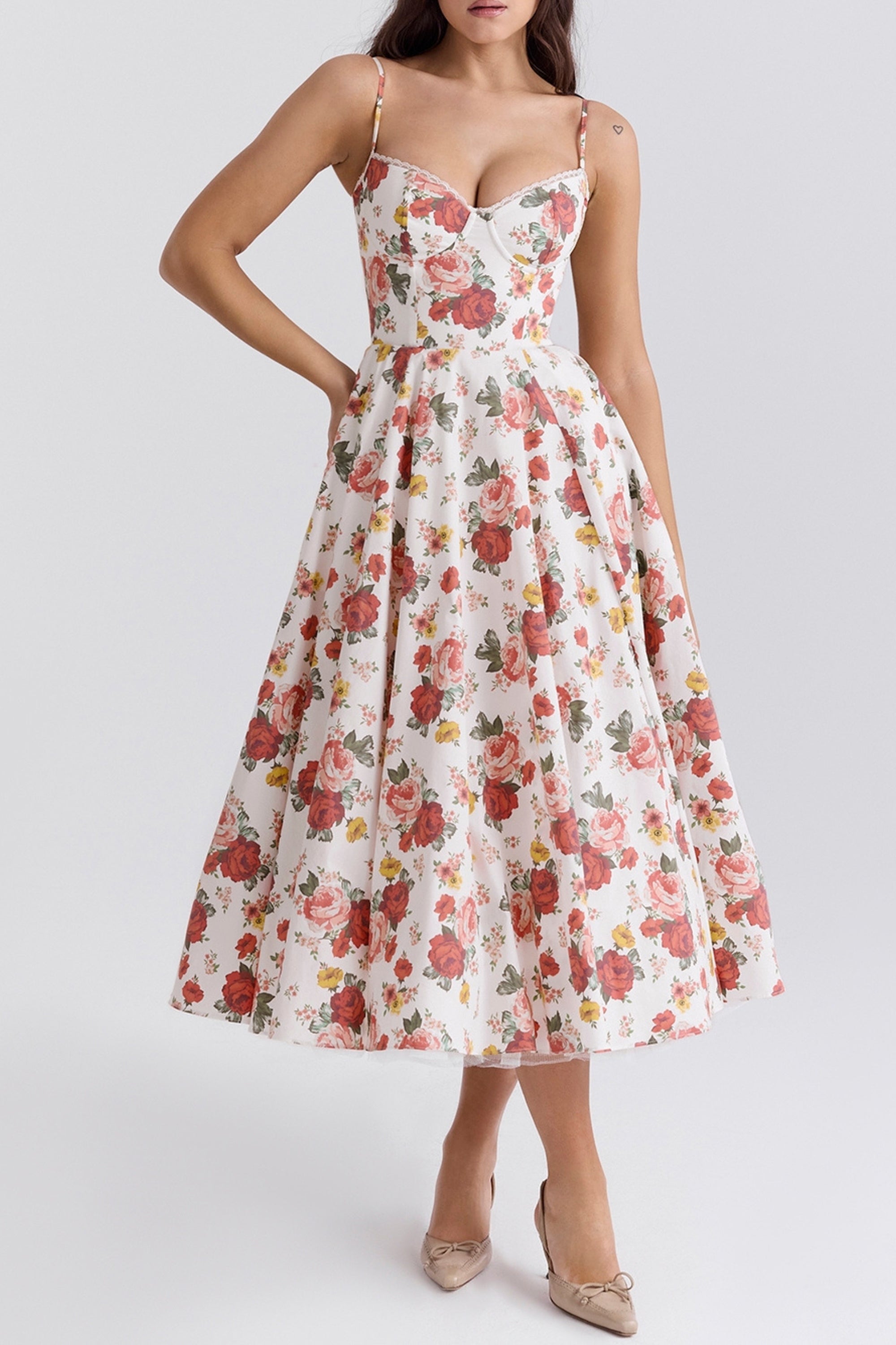 Italian Rose Print Tulle Midi Dress - Elegant Floral Summer Dress for Women, Perfect for Weddings, Parties & Special Occasions