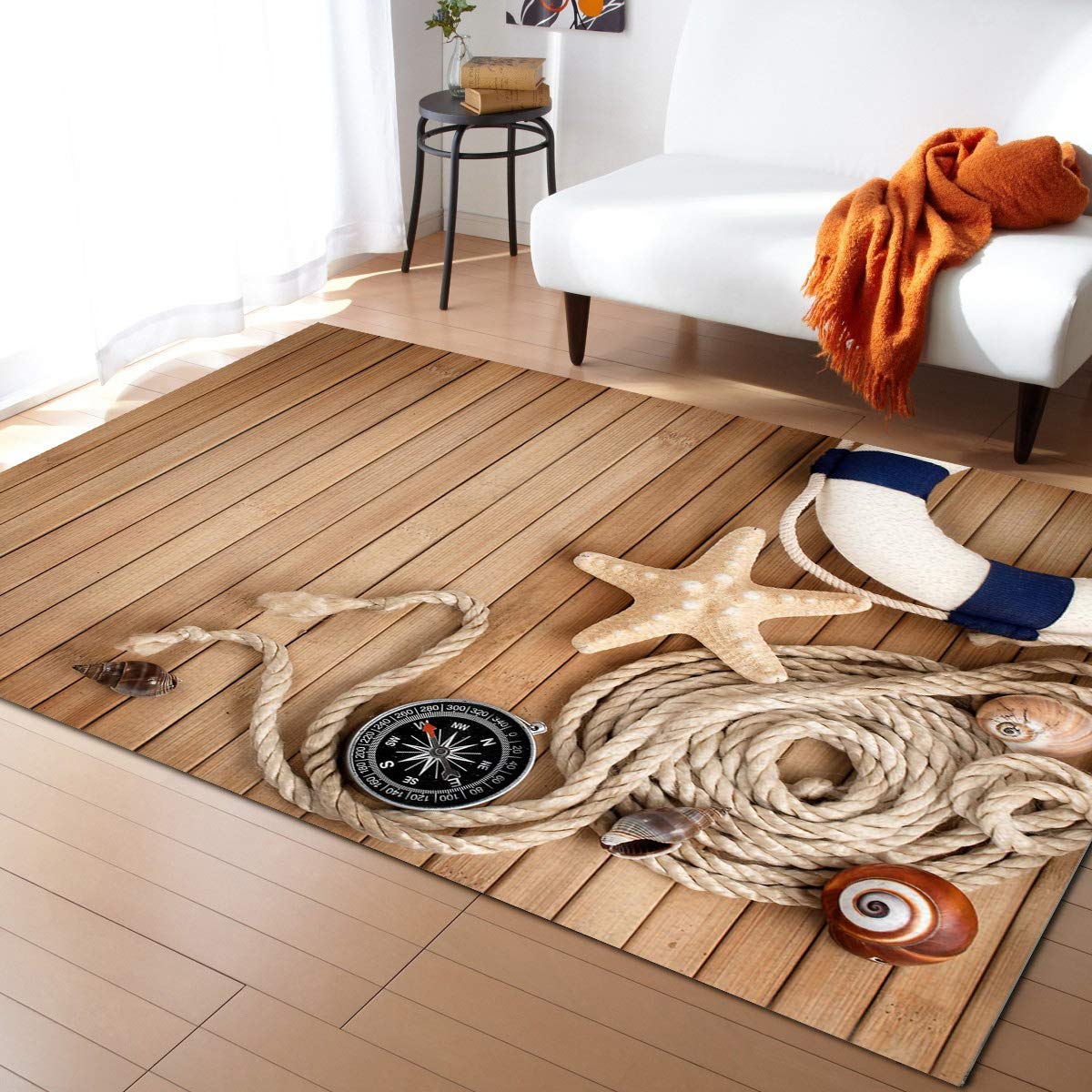5'x8' Marine Theme Starfish Conch Lifebuoys Rope Runner Rug - Washable Indoor Outdoor Carpet for Kitchen, Living Room, Bathroom, Bedroom, Classroom & Laundry Room - Non-Slip Doormat for Coastal Decor, Beach House Entryway & Nautical Home Accents