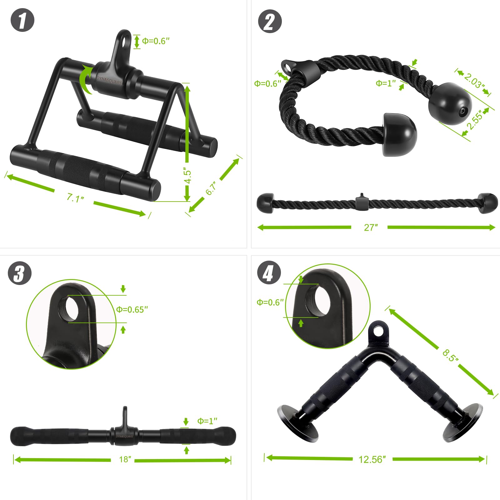 DYNASQUARE Home Gym Cable Attachments Set - LAT Pulldown Bar, V-Shaped Press Down Bar, Tricep Rope, Double D Handle for Strength Training & Weight Machine Accessories | Perfect for Home Workouts, Gym Equipment Upgrades & Full-Body Exercises