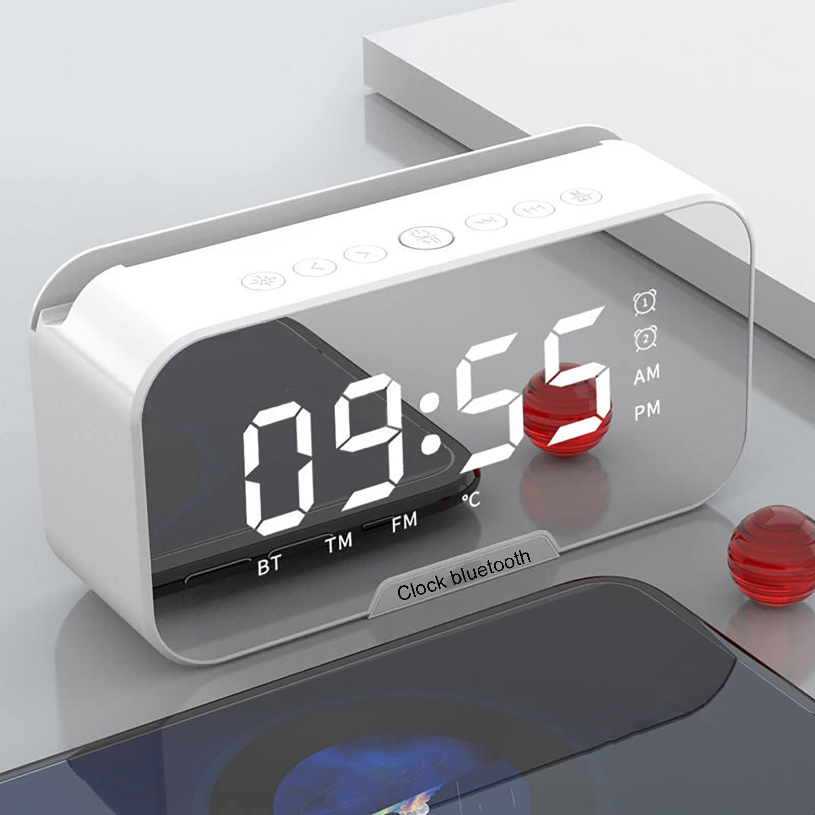 Wireless Bluetooth Alarm Clock Speaker with Temperature Display - Portable Mini Bluetooth Speaker for Bedroom, Home, Office - Mirror Design, FM Radio, Phone Stand - Perfect for Travel, Nightstand, Desk, Gift