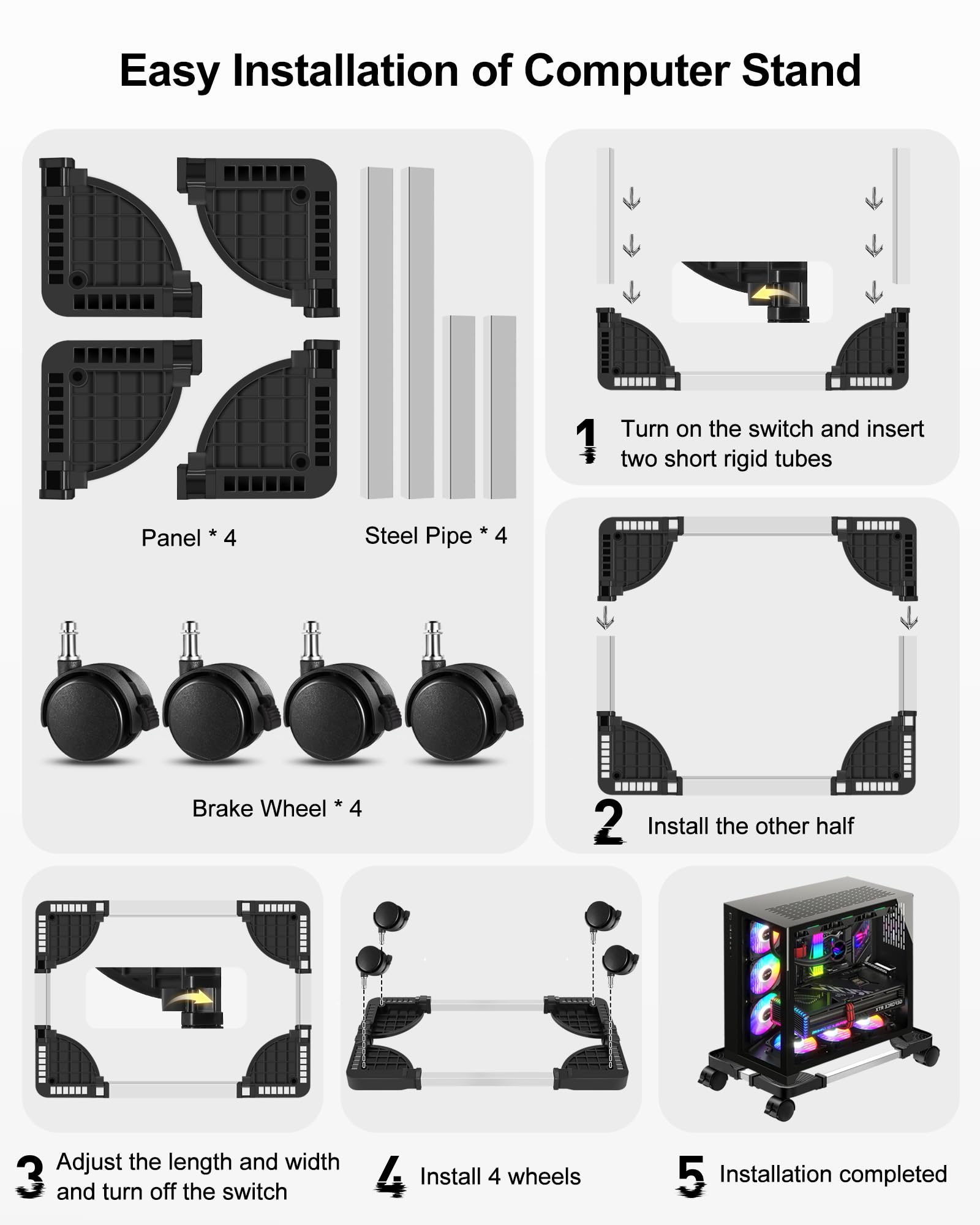 Adjustable CPU Stand for PC with Wheels and Brakes - Removable Computer Case Holder for Desktop - Black - Perfect for Office, Gaming, and Home Workspace Organization