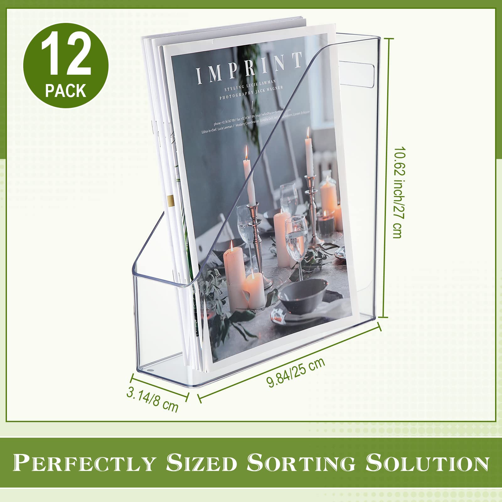 12-Pack Clear Acrylic Magazine File Holders with Handles - Vertical Desk Organizer for Documents, Folders & Supplies - Perfect for Home Office, School Study & Work Desktop Organization (Plastic Storage Rack)
