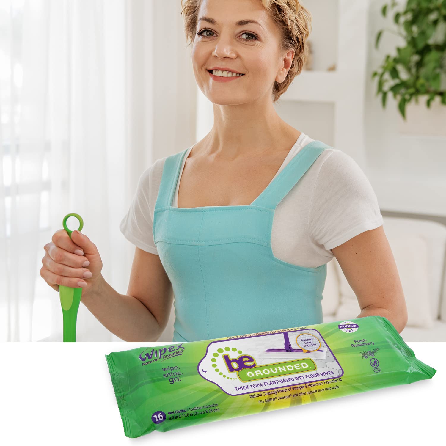 Wipex Natural Wet Floor Wipes - Plant-Based Cleaning Cloths with Rosemary Essential Oil & Vinegar - Absorbs Dirt & Grime - Compatible with Swiffer Sweeper Mops - 16 Count Refill Pads (Pack of 12) - Perfect for Hardwood, Tile & Laminate Floors