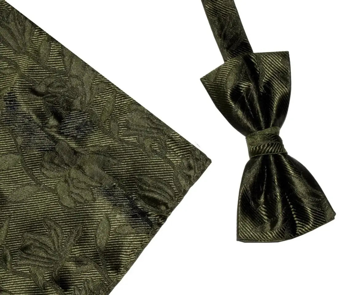 Elegant L A Smith Khaki Floral Silk Bow Tie and Pocket Square Set - Perfect for Weddings, Prom & Formal Events