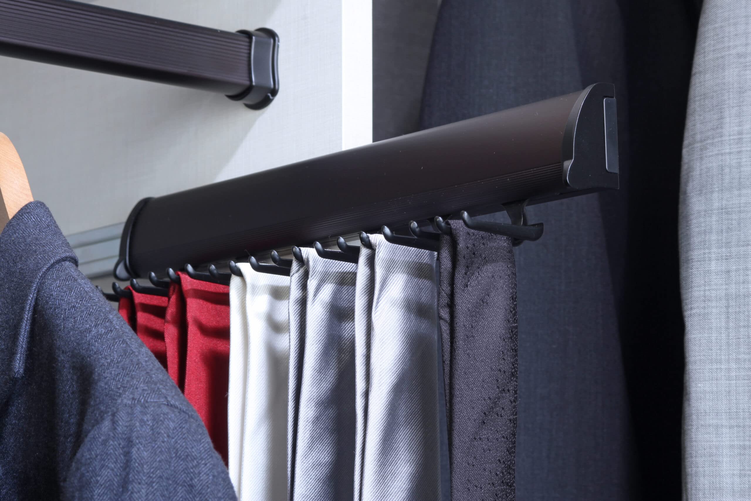 TAG Hardware 15-Hook Full Extension Telescopic Tie Rack - Space Saving Closet Organizer for Neckties, Belts & Scarves (Black) - Perfect for Bedroom, Walk-in Closet & Office Organization