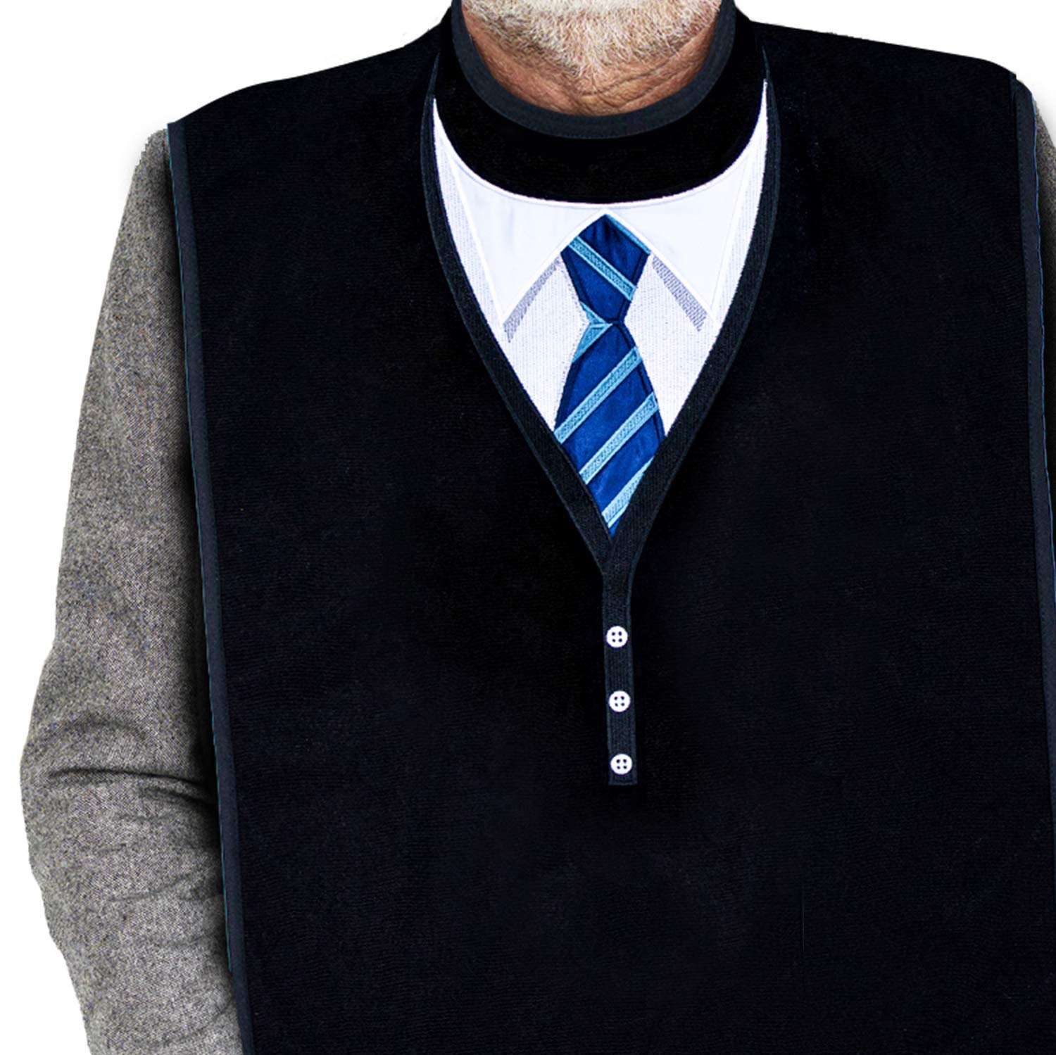 **Men's Waterproof Reusable Adult Bibs - Terry Cloth Crumb Catcher with Embroidered Design (Argyle Sweater + Blue Tie) - Ideal for Seniors & Eating Protection - Perfect for Dining, Travel & Mealtime Comfort**