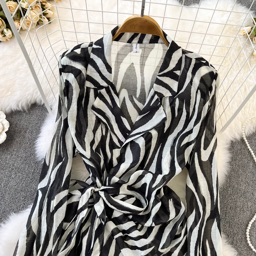 Hong Kong Style Long Sleeve Zebra Print Shirt Dress with Matching Suit Jacket - Women's Office Wear, Party Outfit & Formal Occasion Fashion