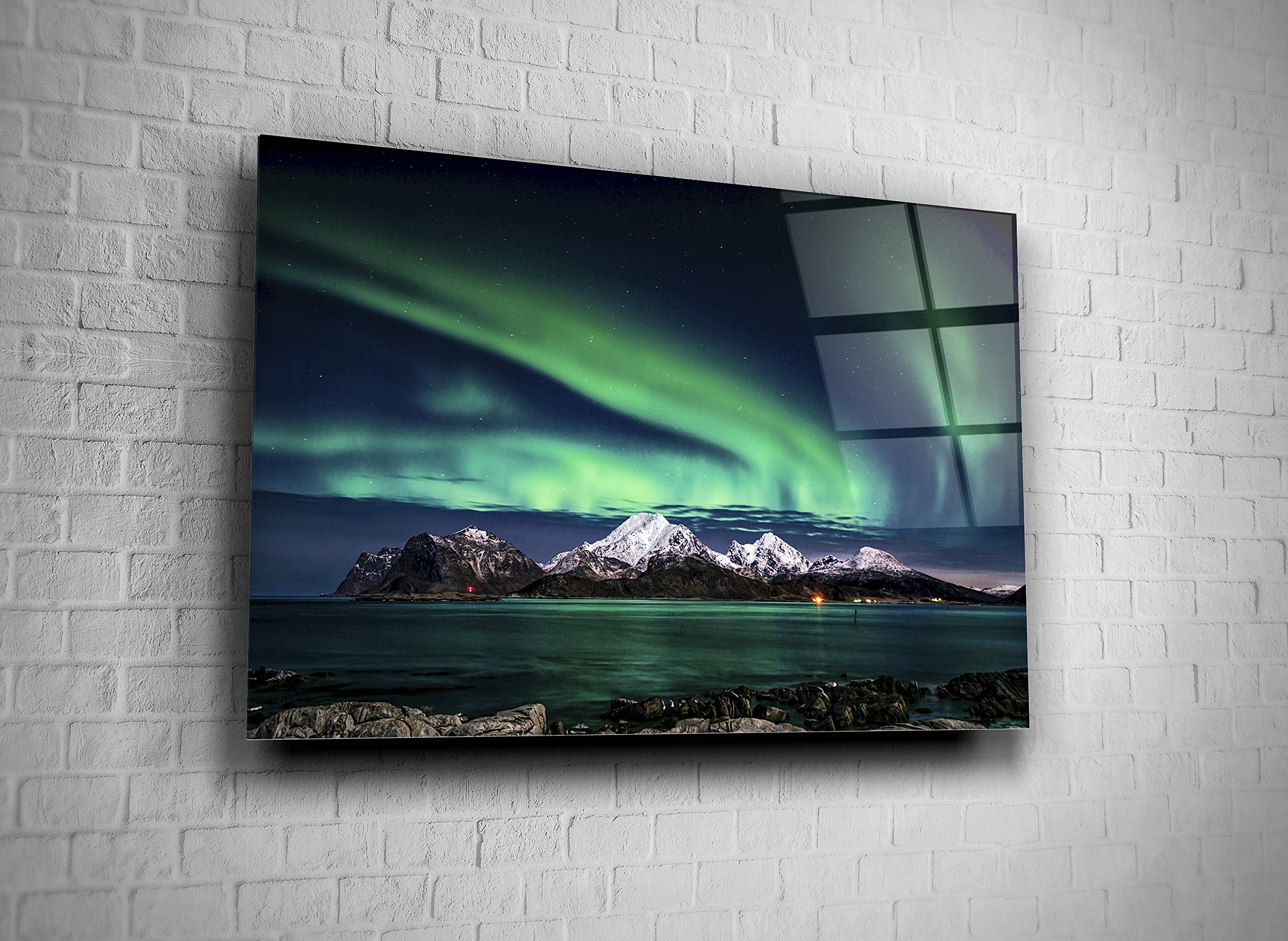 Aurora Northern Lights Polar Night Sky Stars Mountain Lake Snow Peaks Nature Landscape Tempered Glass Wall Art - 24x36 Inches - Modern Home, Office & Hotel Decor - Perfect Gift for Nature Lovers & Art Enthusiasts (Living Room, Bedroom, Lobby Display)