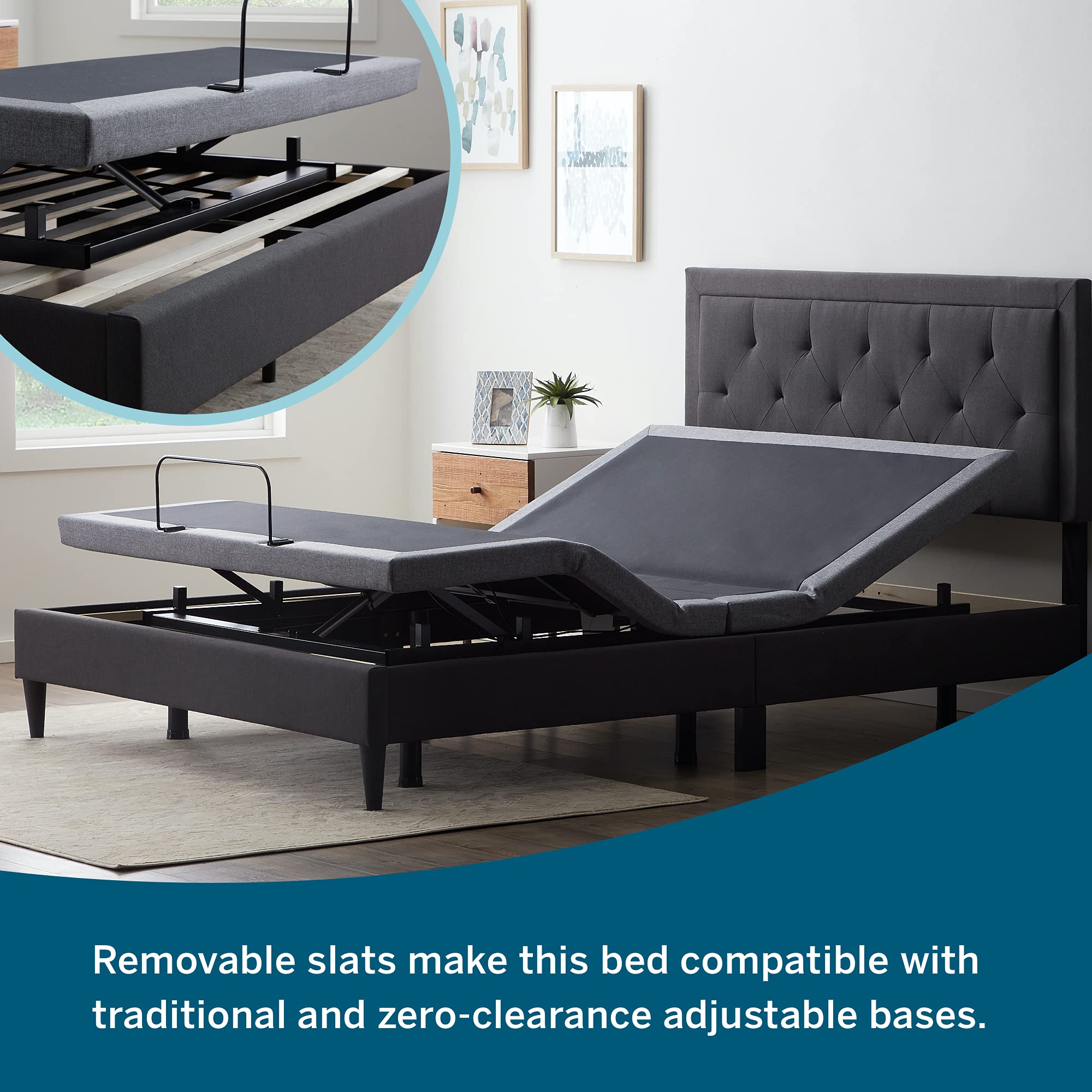 LUCID Full Size Upholstered Platform Bed Frame with Headboard - No Box Spring Needed - Charcoal Grey - Modern Bedroom Furniture for Small Spaces & Guest Rooms