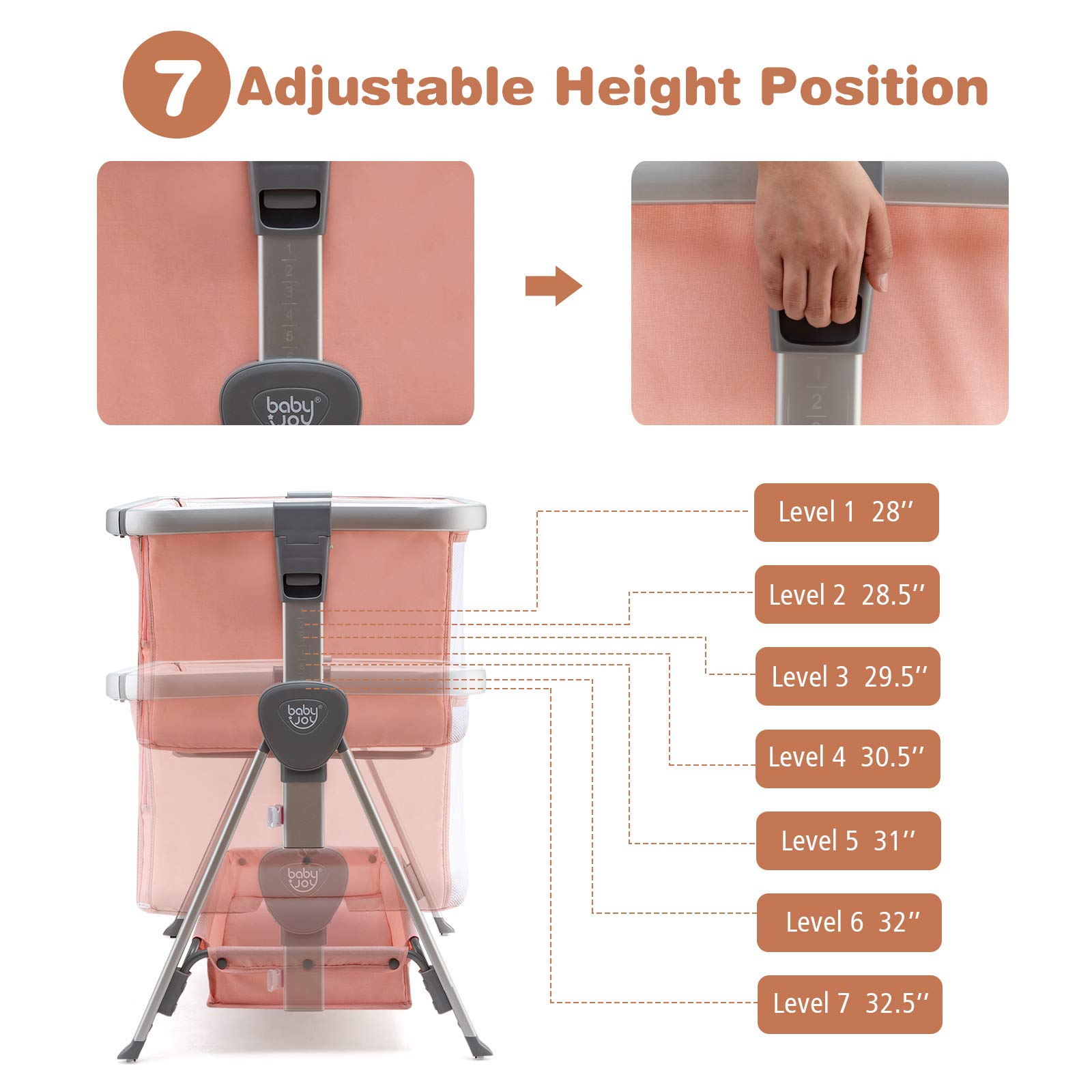 **BABY JOY Portable Bedside Bassinet for Newborns - Adjustable Height, Breathable Mesh, Wheels & Storage - Baby Crib with Mattress for Nursery, Travel & Home Use - Pink**