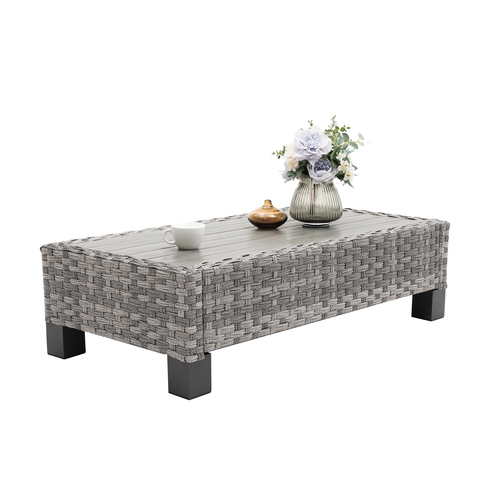 All-Weather Outdoor Coffee Table - Rectangle PE Rattan Patio Table with Wood-Like Tabletop, Grey - Perfect for Garden, Poolside & Backyard Relaxation
