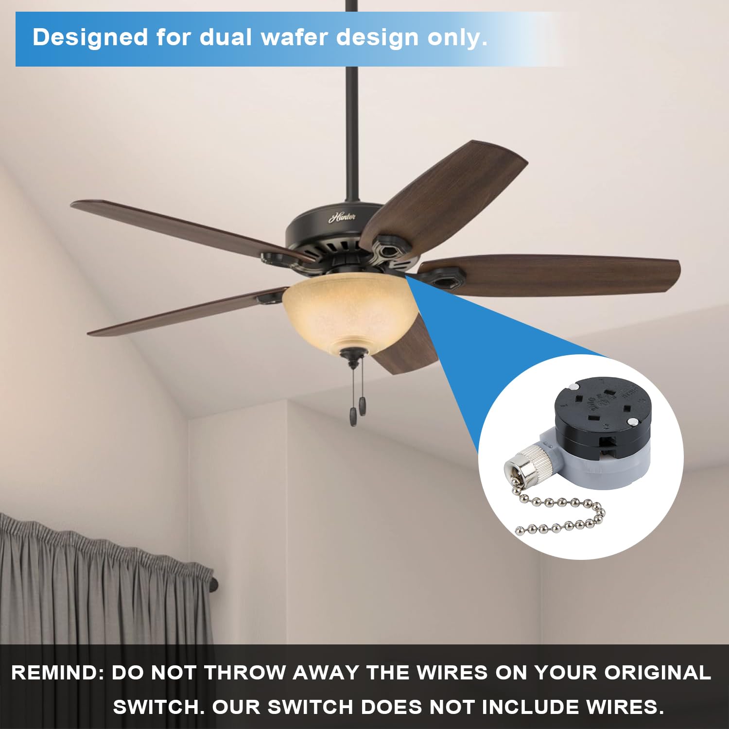 Zing Ear ZE-208D 3-Speed Ceiling Fan Control Switch with 5-8 Wire Pull Chain - Nickel Finish Replacement Part for Ceiling Fans - Perfect for Bedroom, Living Room & Home Renovation Projects