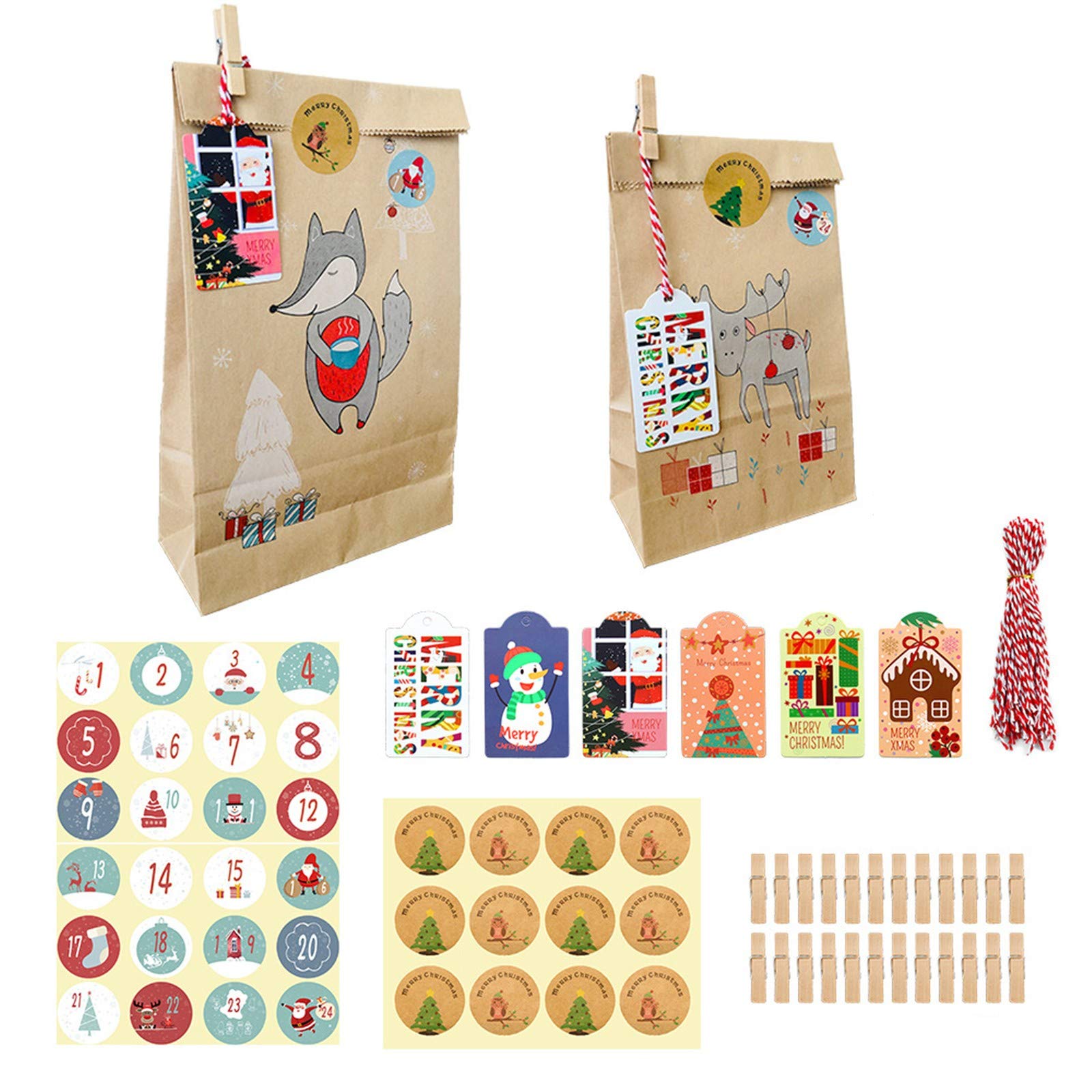 24-Piece Christmas Gift Bags with Kraft Paper & LED Lights - Holiday Decor, Party Favors, Home Decoration, Photography Props (Battery Powered)