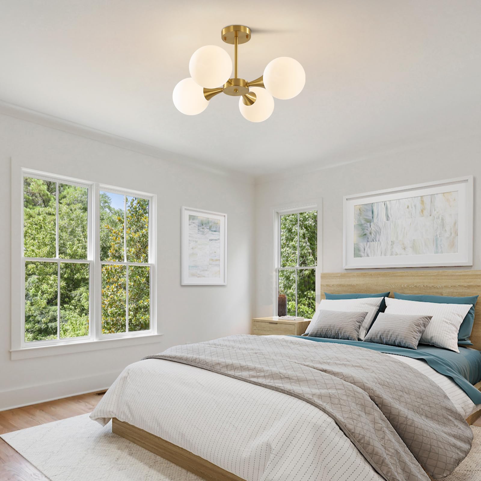 Modern Gold Semi Flush Mount Sputnik Chandelier - 4-Light Mid Century Ceiling Lamp with Frosted Glass Globes - Perfect for Living Room, Dining Room & Bedroom Lighting