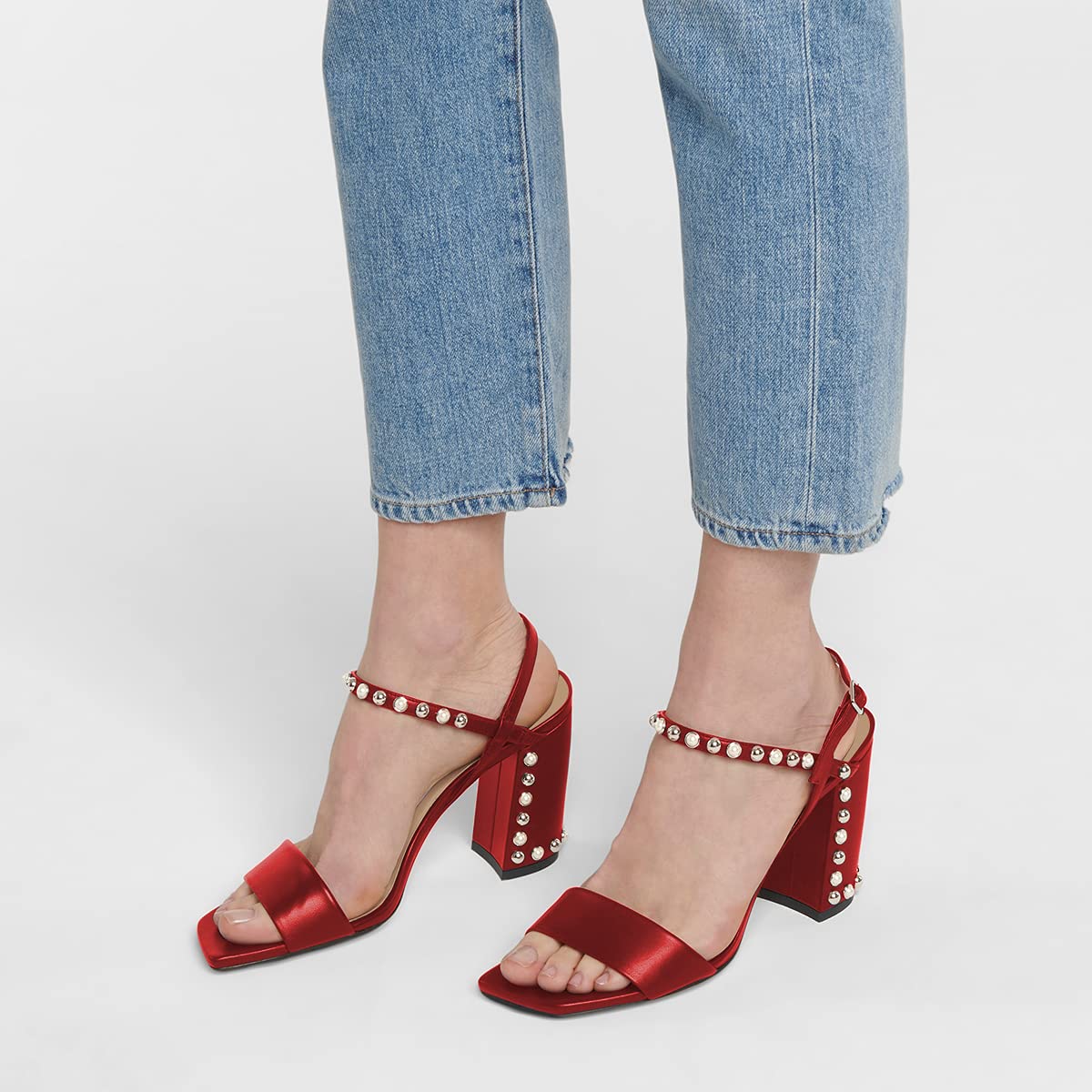 YDN Women's Chunky High Heel Sandals - Open Toe Ankle Strap Buckle Dress Shoes with Rivet for Party, Wedding & Evening Events