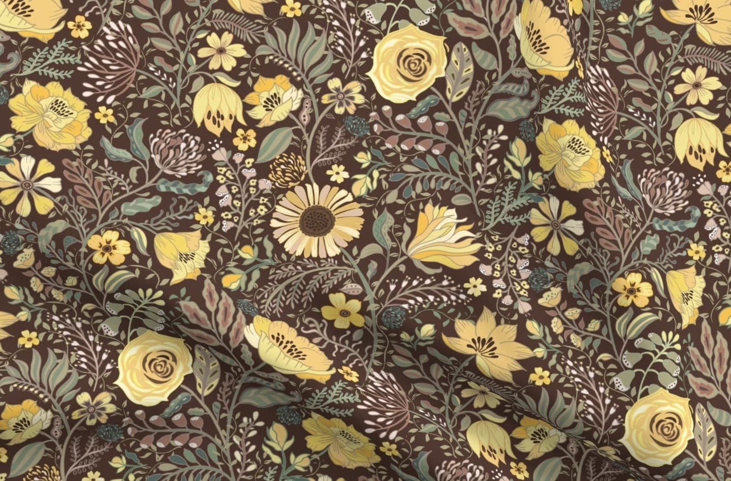 Boho Floral Wilderness Wildflowers Printed Minky Fabric - Brown Yellow Green Small Print Fat Quarter for Sewing, Baby Blankets, Quilt Backing & Plush Toys - Soft & Durable Material for DIY Crafts, Nursery Decor & Home Projects