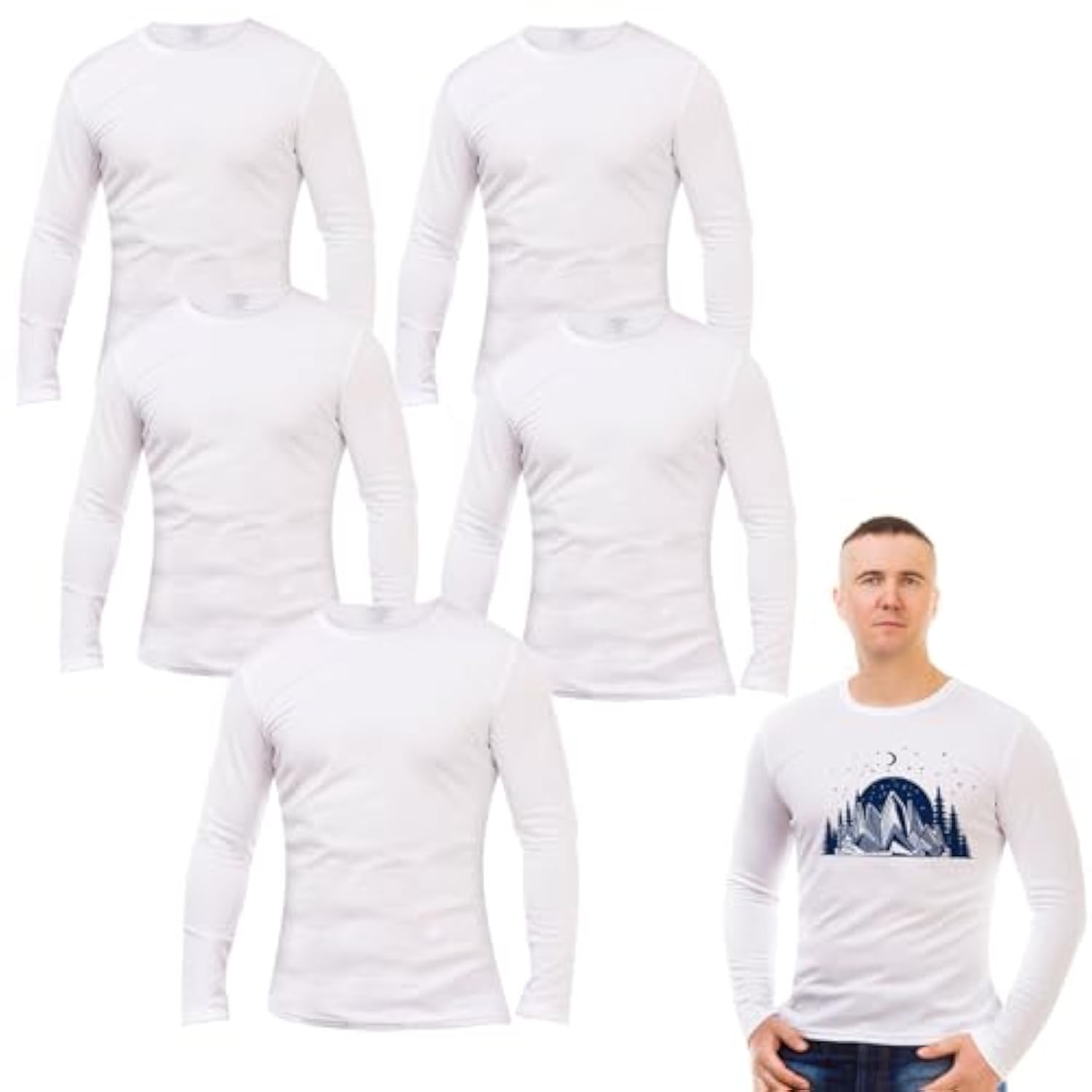 ORJ 5 Pack White Long Sleeve Sublimation T-Shirts for Adults - Soft Polyester Blank Tees for Custom Printing, DTG, Heat Transfer - Perfect for Sports Teams, Work Uniforms & DIY Projects
