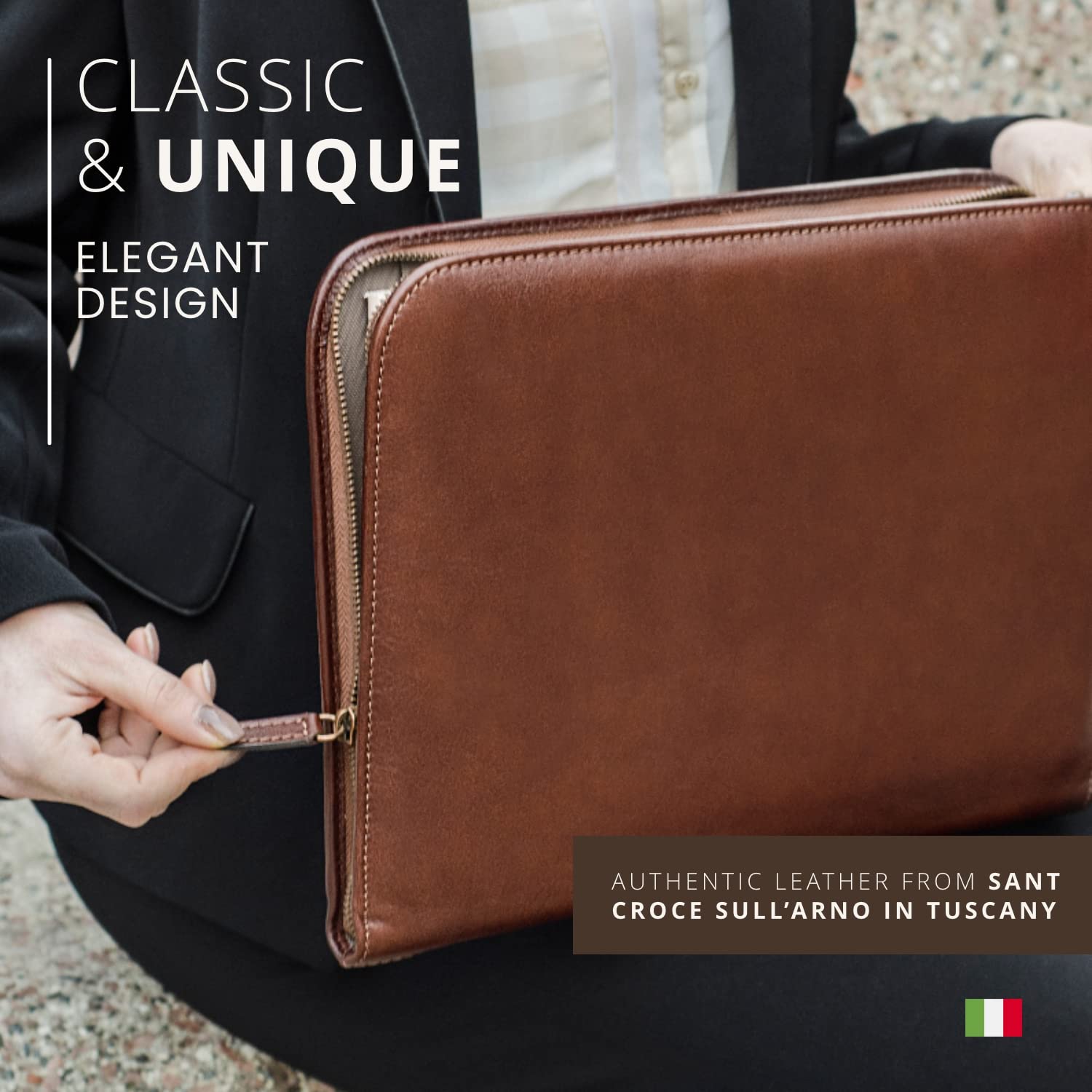 Premium Italian Leather Portfolio Padfolio for Professionals - Personalized Monogram Zippered Executive Folio for Men & Women - Document Organizer with Laptop Sleeve & iPad Case - Perfect for Business Meetings, Office Work & Travel - Made in Italy (Brown)
