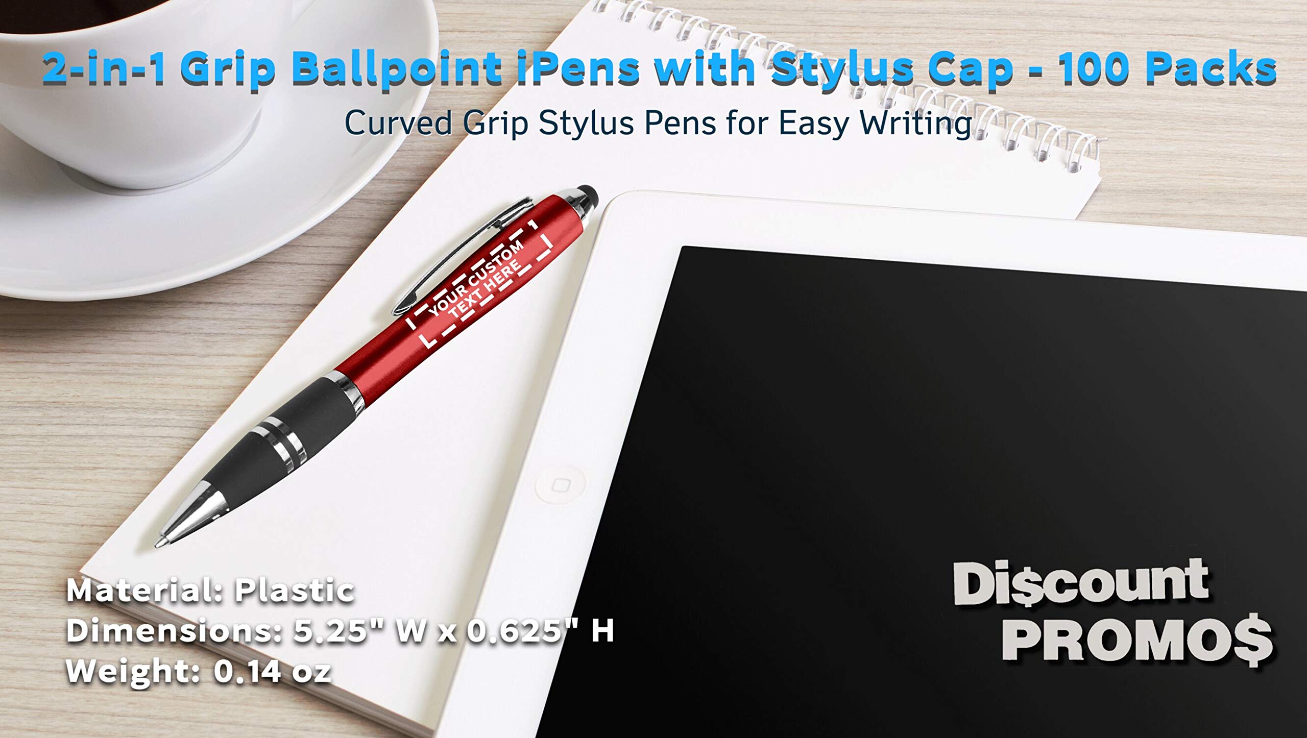Customized Ballpoint Pens with Stylus Grip - 100 Pack Bulk Office Supplies - Personalized Text & Logo Printing - Red Plastic Pens for Business Promotions, School, and Office Use