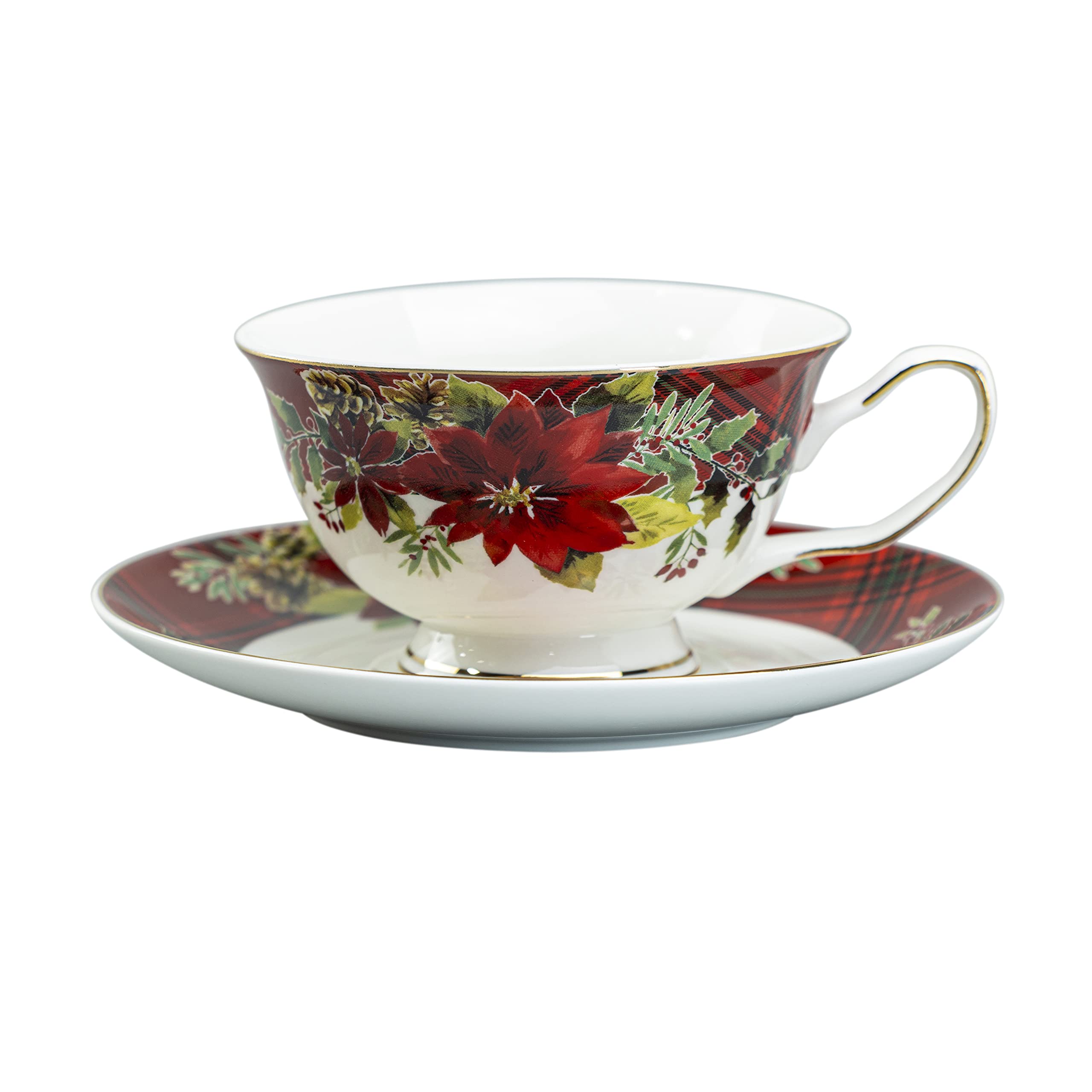 11-Piece Poinsettia Holly Plaid Tea Set in Red - Perfect for Christmas Decorations, Holiday Parties & Cozy Afternoon Tea