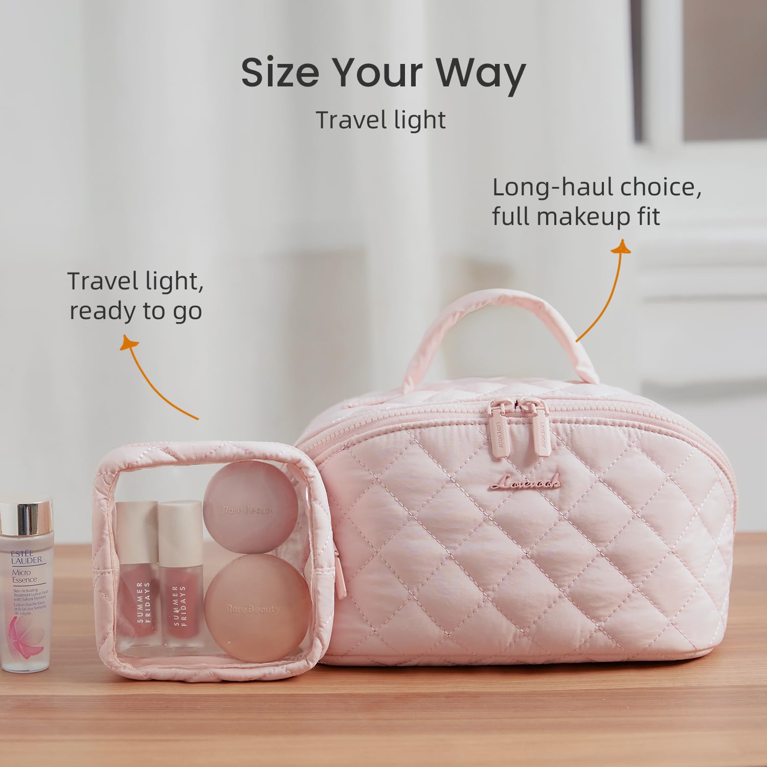 LOVEVOOK 2Pcs Puffer Waterproof Travel Makeup Bag Set for Women - Large Capacity Cosmetic Organizer with Divider & Handle, Open Flat Toiletry Pouch - Perfect Gift for Her (Pink) | Ideal for Travel, Gym, Vacation & Daily Beauty Storage