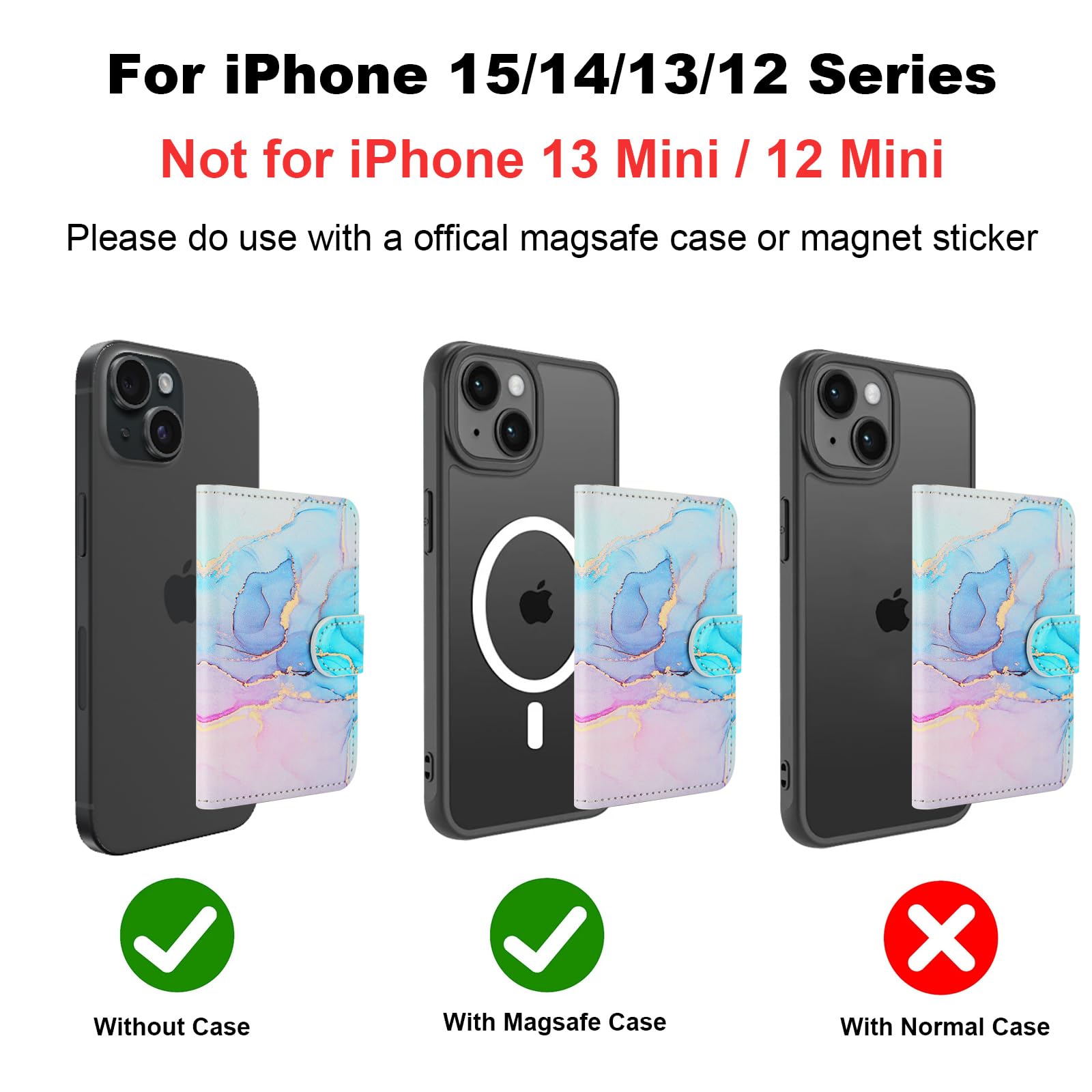 HAOPINSH Magnetic Wallet Card Holder for iPhone 16/15/14/13/12 Series - Detachable Adjustable Flip Leather Kickstand with RFID Blocking | Pink Blue Marble Pattern | Perfect for Travel, Shopping & Everyday Use with MagSafe Compatibility