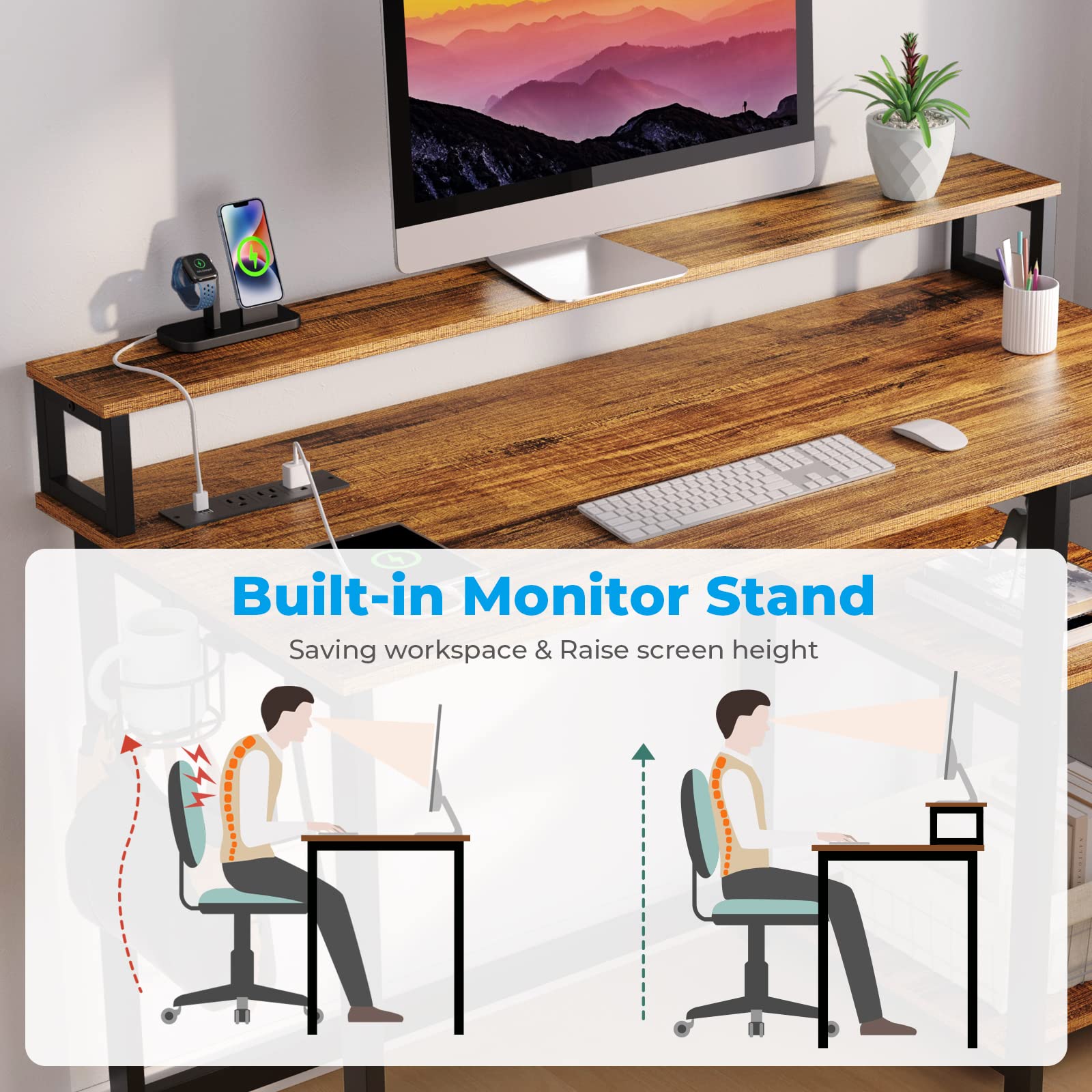 GreenForest 47 inch Computer Desk with Power Outlets - Ergonomic Home Office Desk with Monitor Stand, Reversible Gaming & Study Desk in Walnut Finish - Perfect for Small Spaces, Remote Work & Gaming Setups