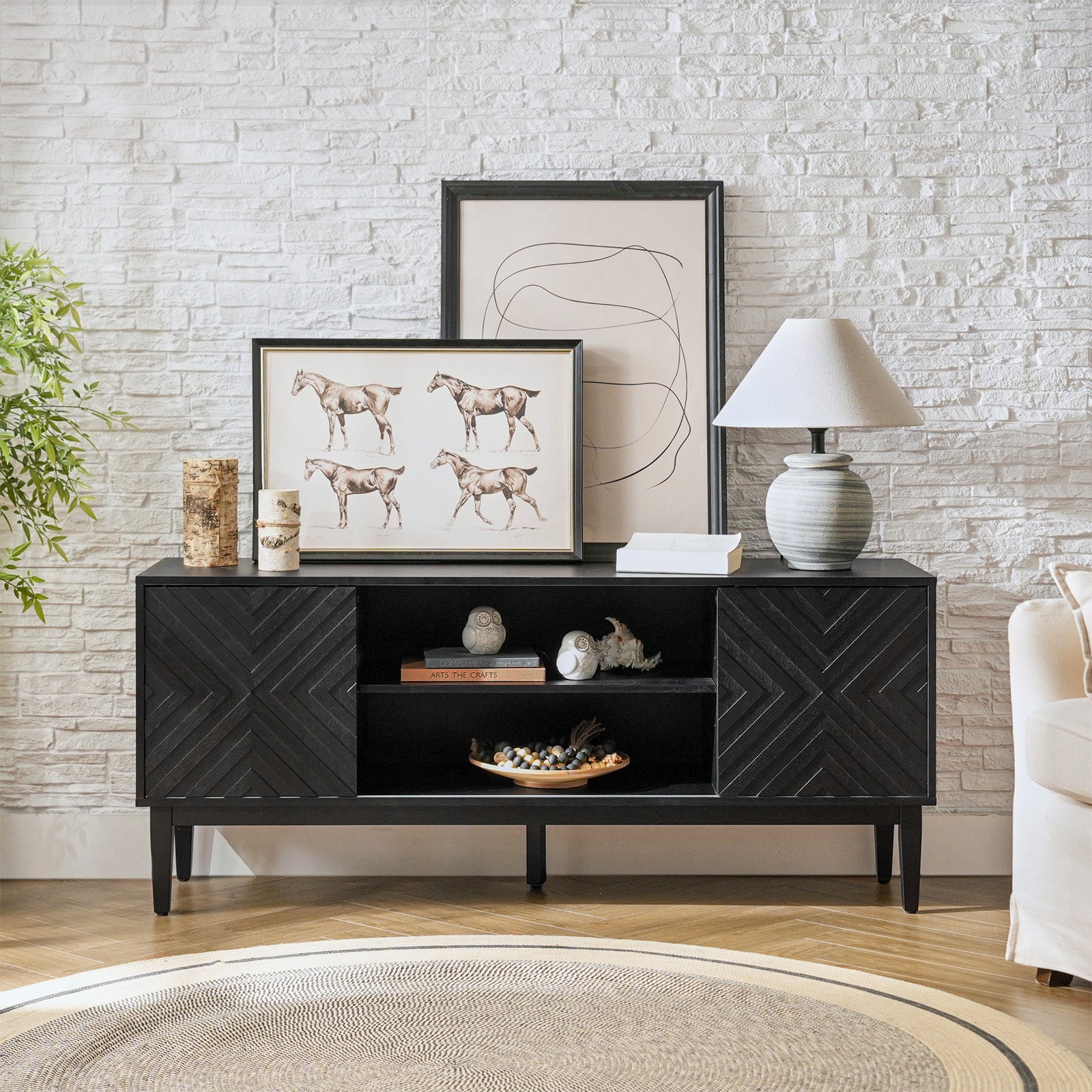 Regal 58-Inch Wide TV Stand with Reversible Checkered Game Board - Modern Entertainment Center for Living Room, Game Nights & Family Gatherings