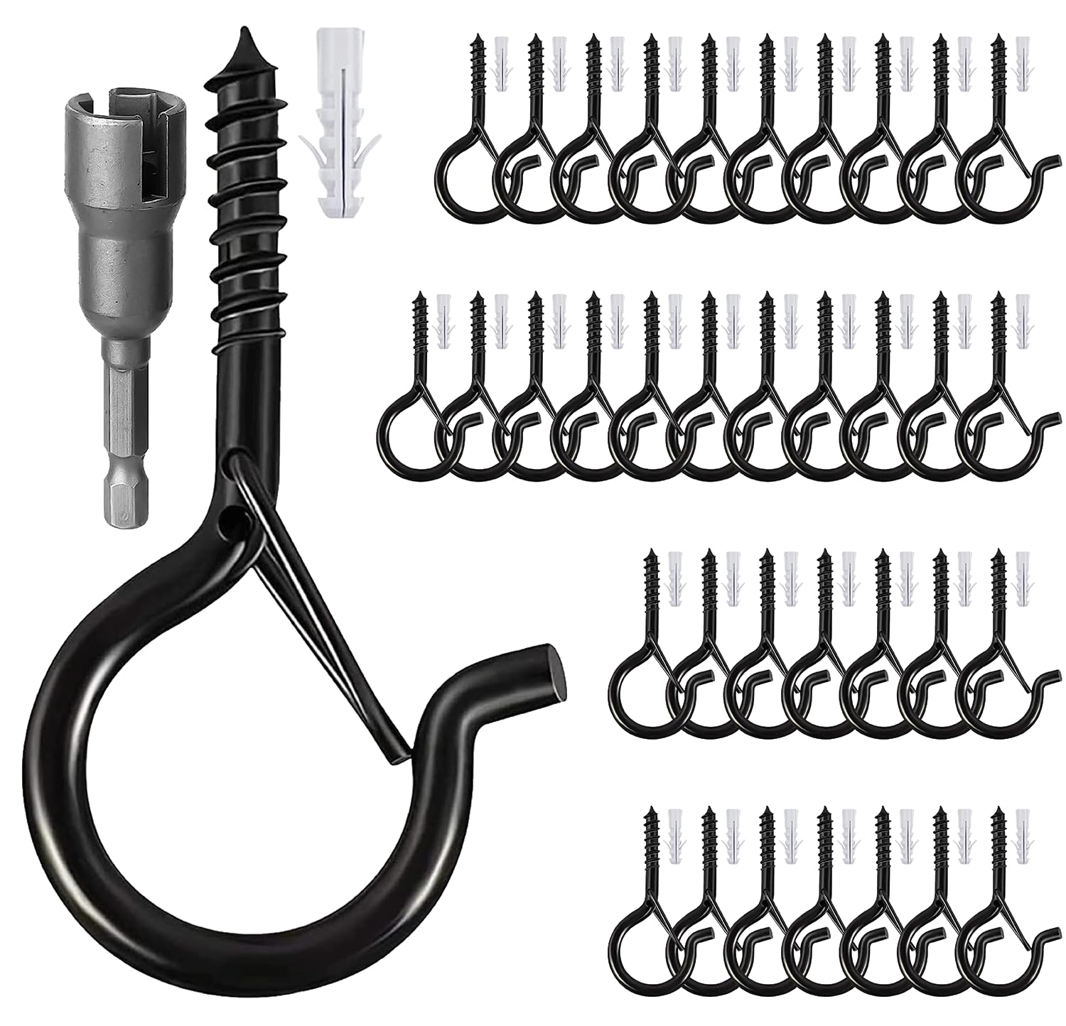 36 Pack Black Ceiling Hooks with Safety Buckle & Drill Bit - Heavy Duty Screw Hooks for Hanging Plants, Outdoor String Lights, Wind Chimes & Party Decorations (2.2 Inch) - Perfect for Indoor/Outdoor Decor, Garden, Patio & Home Improvement Projects