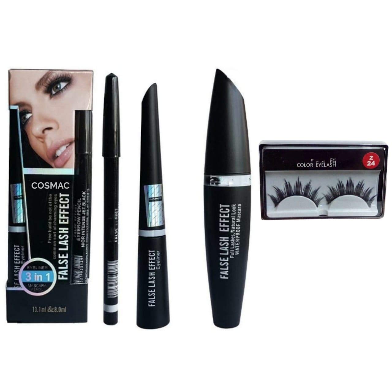 Cosmac Professional Waterproof Eye Makeup Kit - Eyeliner, Mascara, Eyebrow Pencil & 1 Pair False Eyelashes (4-Piece Set) for Long-Lasting Party, Wedding & Special Occasion Makeup